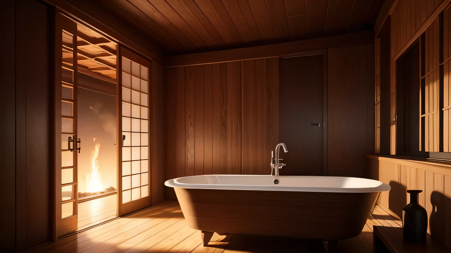 Hinoki bath, No character,Super detailed,vapor、indoor、night、wooden wall