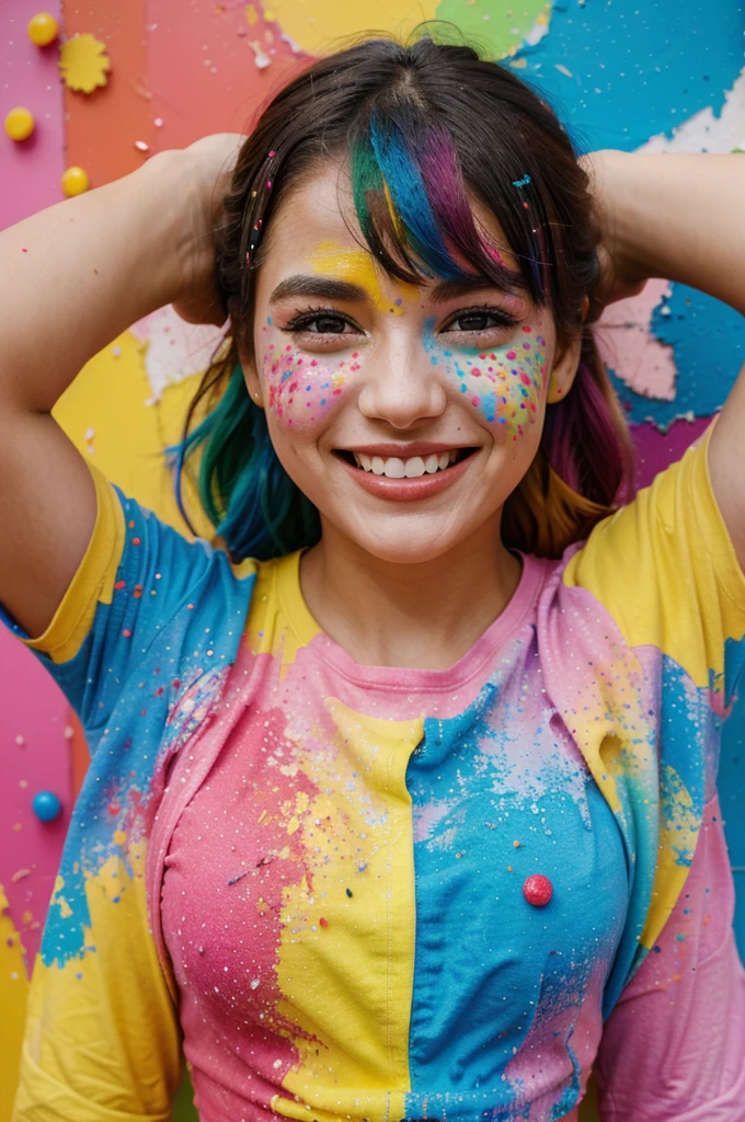 woman with colorful face, smiles and colors, color explosion, happy colors, covered in sprinkles and crumbs, expressing joy