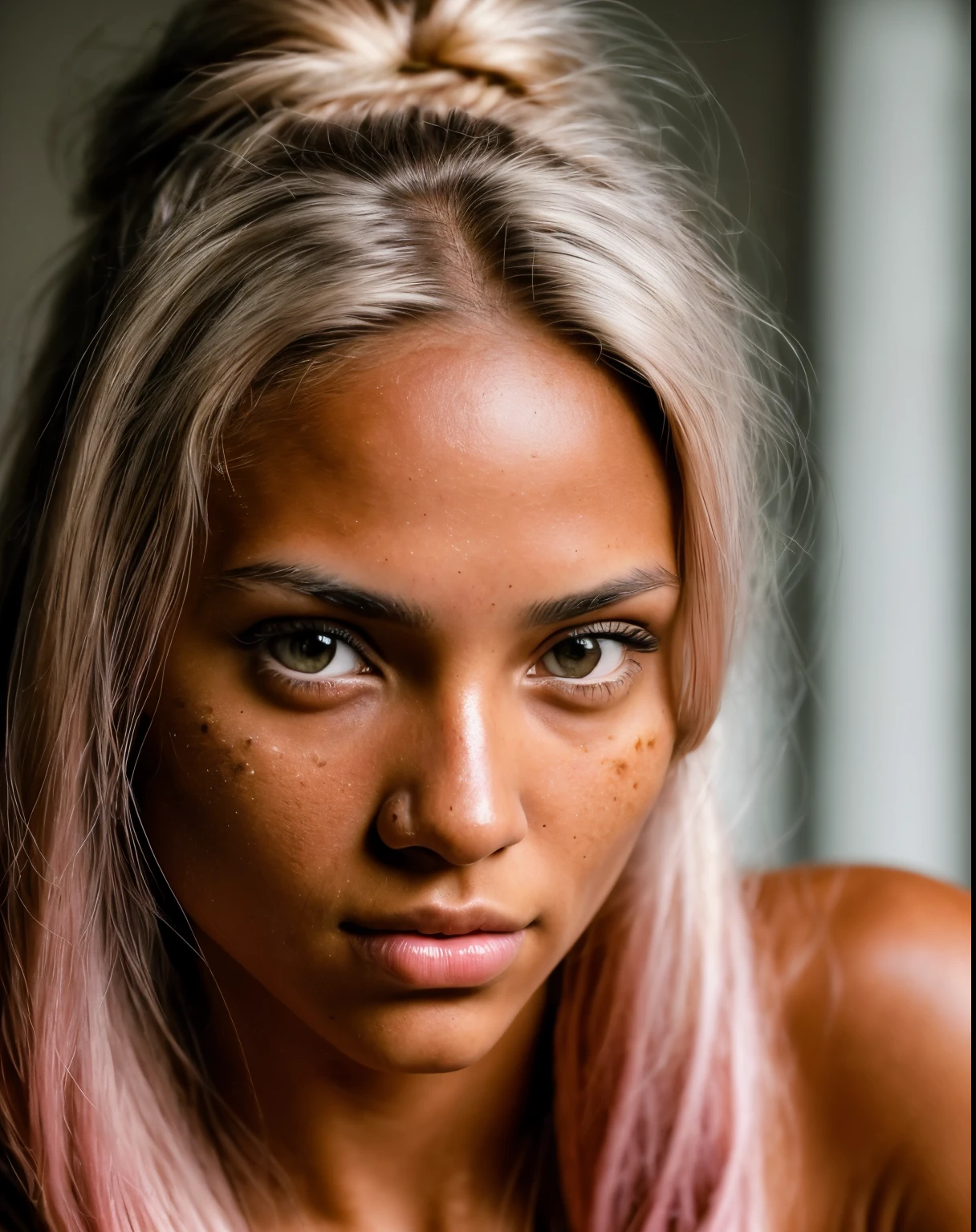 beautiful artistic portrait of sexy tanned female model from south America with greyish bleached hair, dramatic cinematic lighting, warm tones, adult content