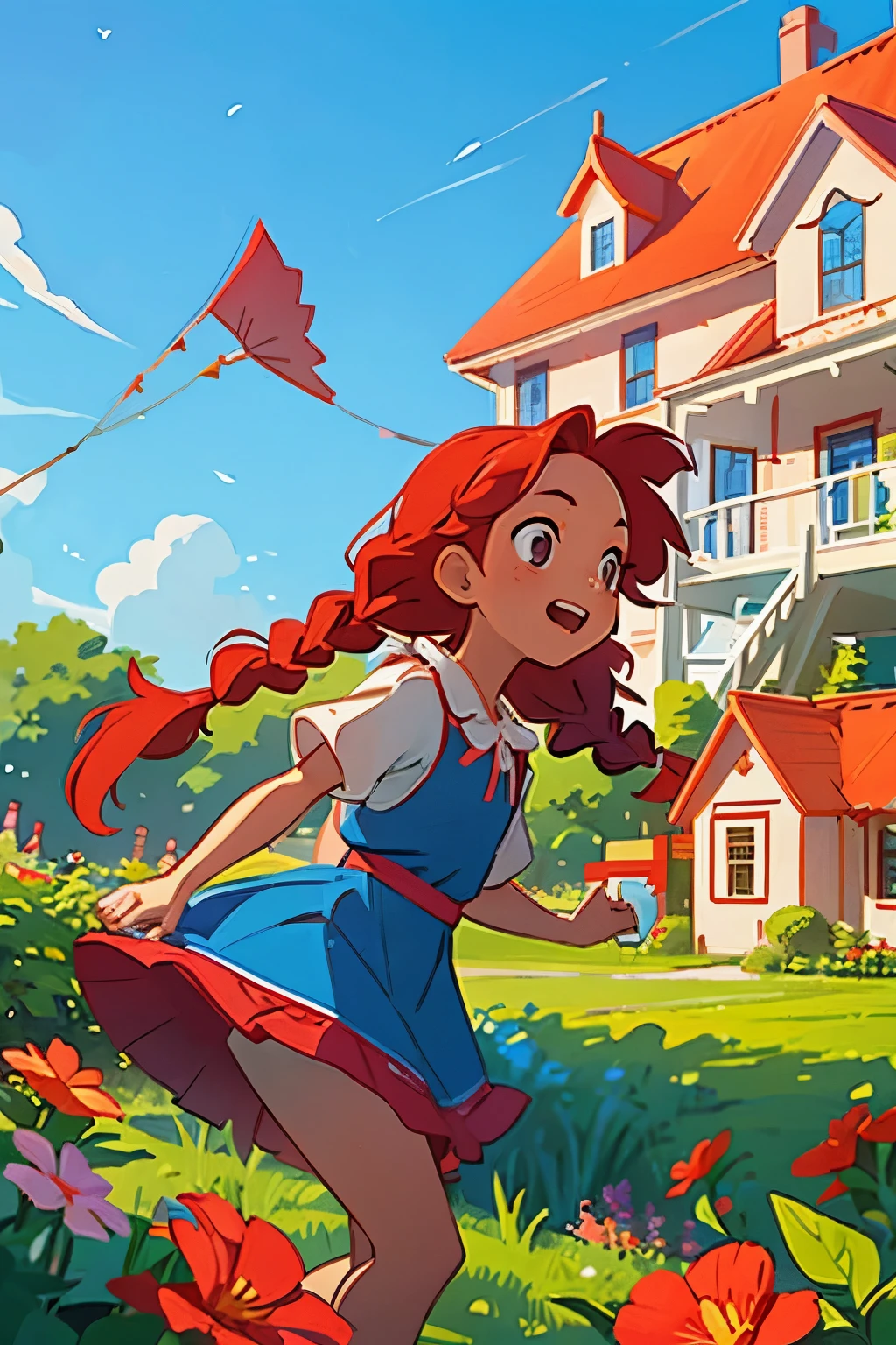 A girl with red braids in a blue dress plays in the garden.
A house with a red roof can be seen in the background.
A colorful kite flies in the sky