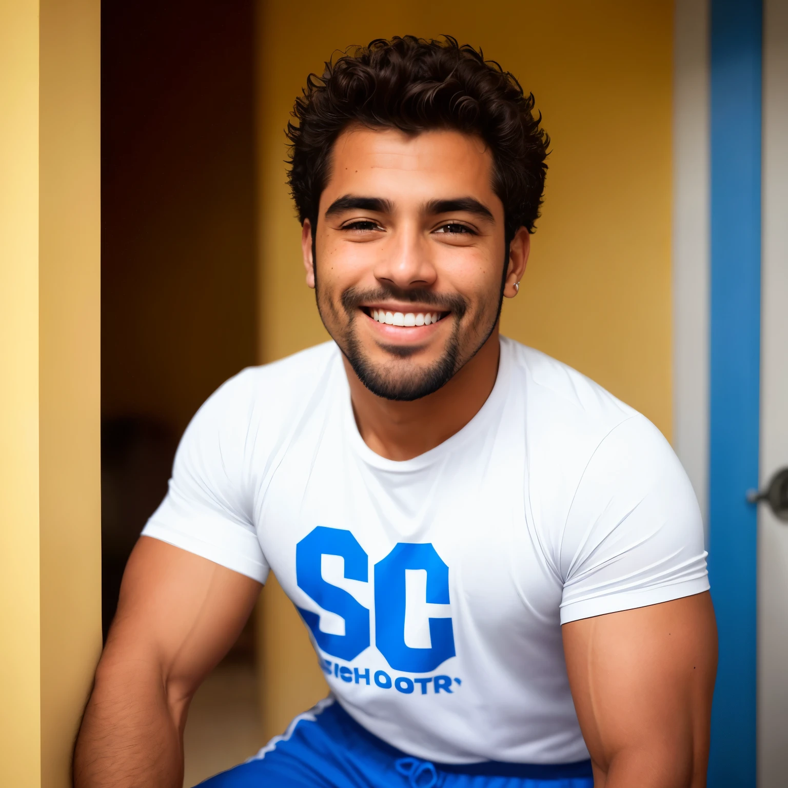 Homem sorridente, camisa branca e shorts azul claro, Boy at the gym, Gym caricature, Gym gag, Meme do Boy at the gym, Chico animado, Estilo animado 3D, Chico musculoso, low angle, Detalhes aparentes, He didn't touch, Luxo, cinematic lighting, Sangue a fogo, Sorriso brilhante, High Definition Photography, Estilo de arte digital animado.

Translation in English: A smiling man in a white shirt and blue shorts