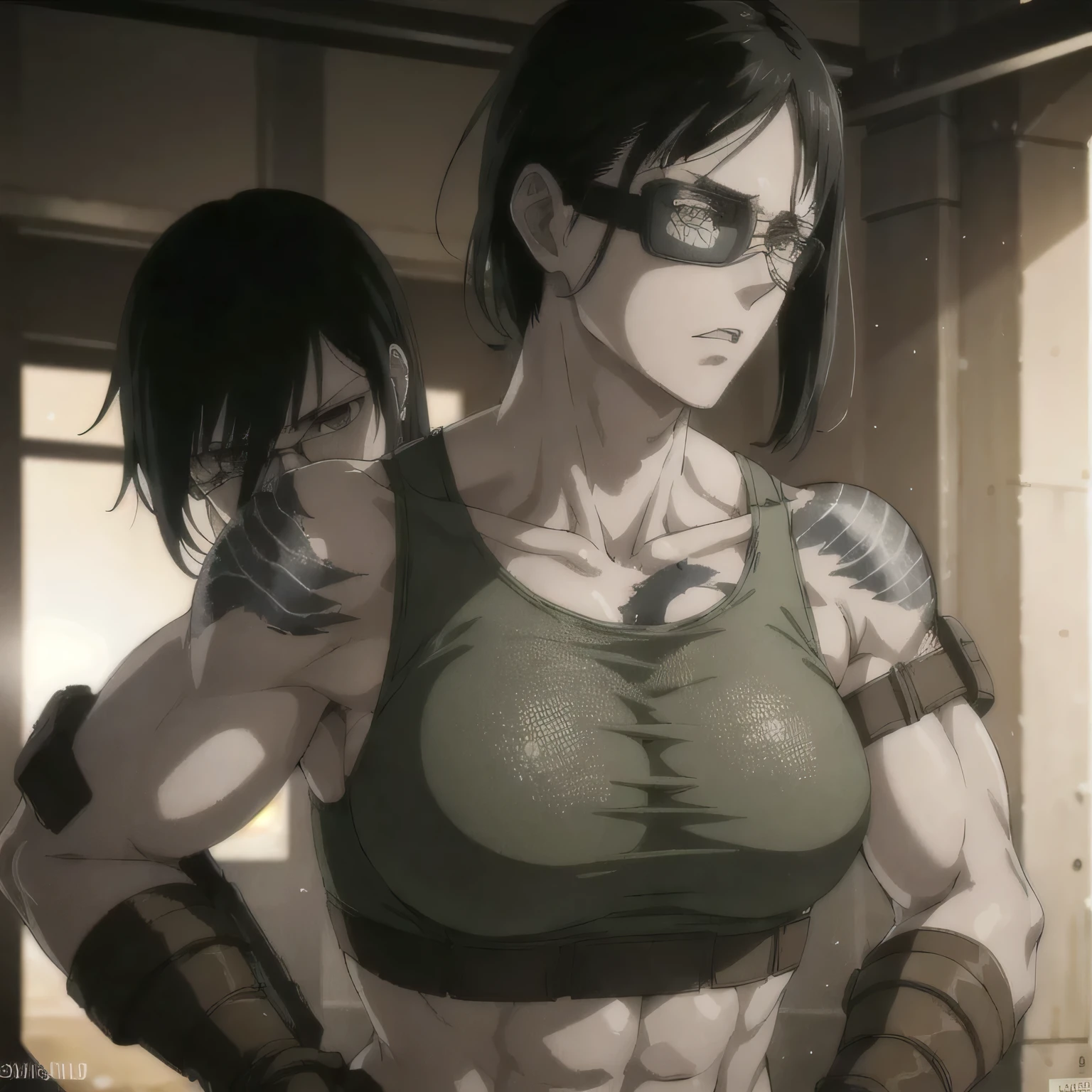 (best quality,ultra-detailed,realistic:1.37), military, muscular girl with sculpted body wearing a tank top, beautiful tattoo on girl's shoulder, full review of the female character's face and body, intense expression, strong and confident posture, studio lighting, vivid colors, physiologically-based rendering, grungy texture, rugged background, dust particles in the air, commanding presence, professional, powerful, gritty aesthetics,six-pack,eye patch,group female soldier's