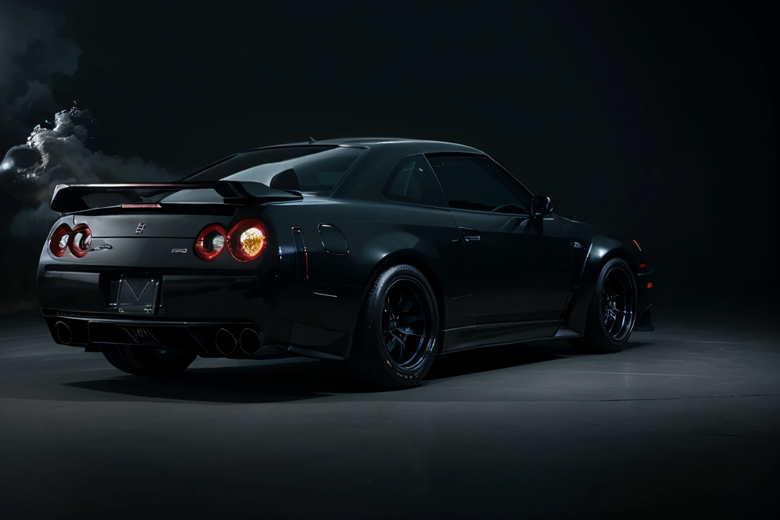 a custom lowered 87 Nissan GT-R R34, background deep black glimmering . 4k, photo, fashion, cinematic, 3d render and blanco ""smoke is coming from borders of the image as 1980x 1080