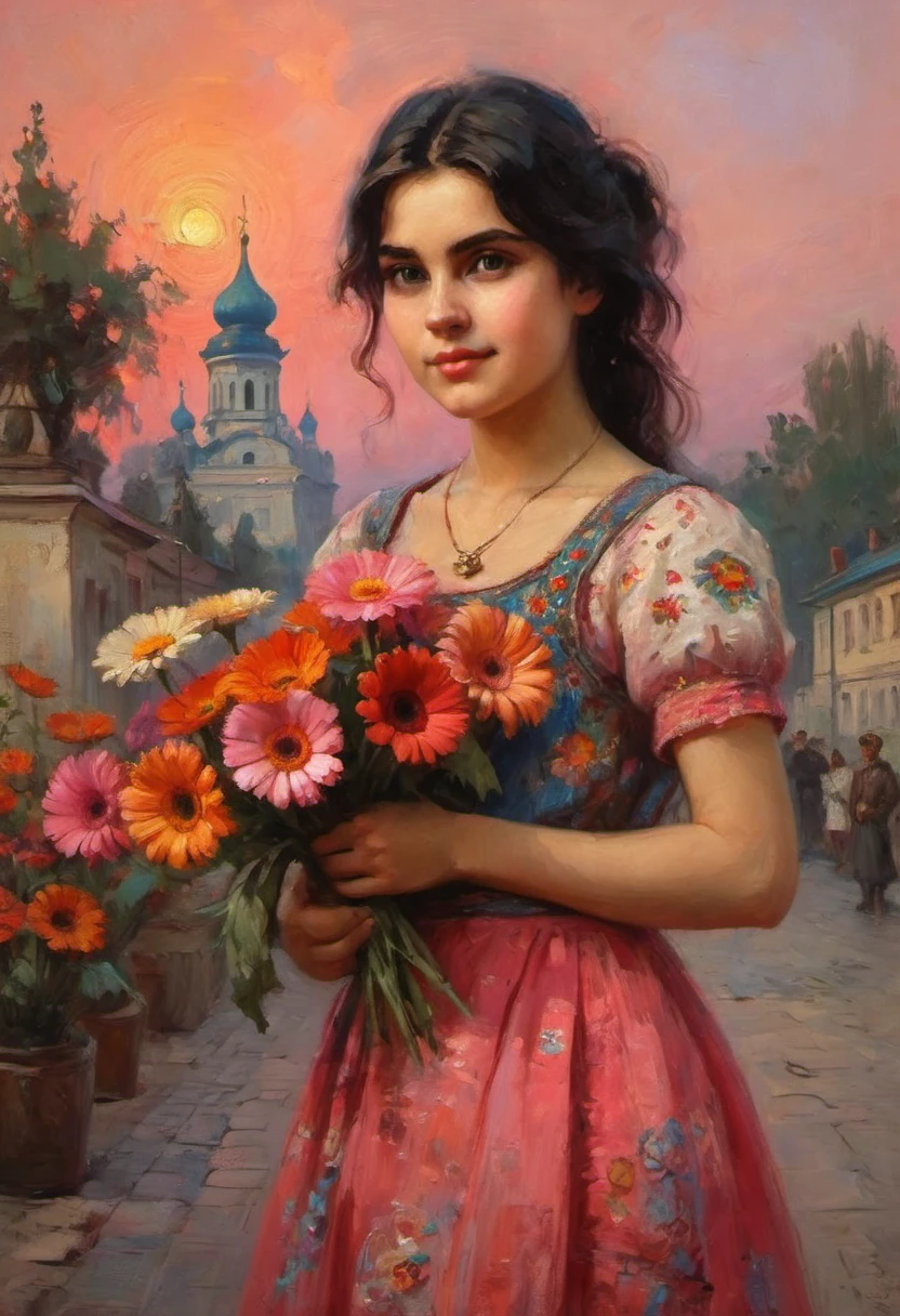 a young Russian girl, against the background of a scarlet sunset, complex detailing, aged canvas, "the girl by the white birch" (in the style of Konstantin Makovsky, depicted in oil on canvas),
depicts a beautiful girl with brown hair in a scarf, dressed in a top and maxi skirt with patterns and knitting, a birch branch with silk multicolored ribbons((background: high bank of the white birch river in cheerful colors,
stunning, highly detailed, 8k, ornate, intricate, vintage, dehydrated, atmospheric, scuff gradient,
(oil painting: 0.75), (splash: 0.75), (turquoise: 0.2), (orange: 0.2), (pink:0.33), 
 (Jeremy Mann: 0.5), (John Constable: 0.1),
((El Greco: 0.5),(acrylic paint: 0.75), 8k (())e