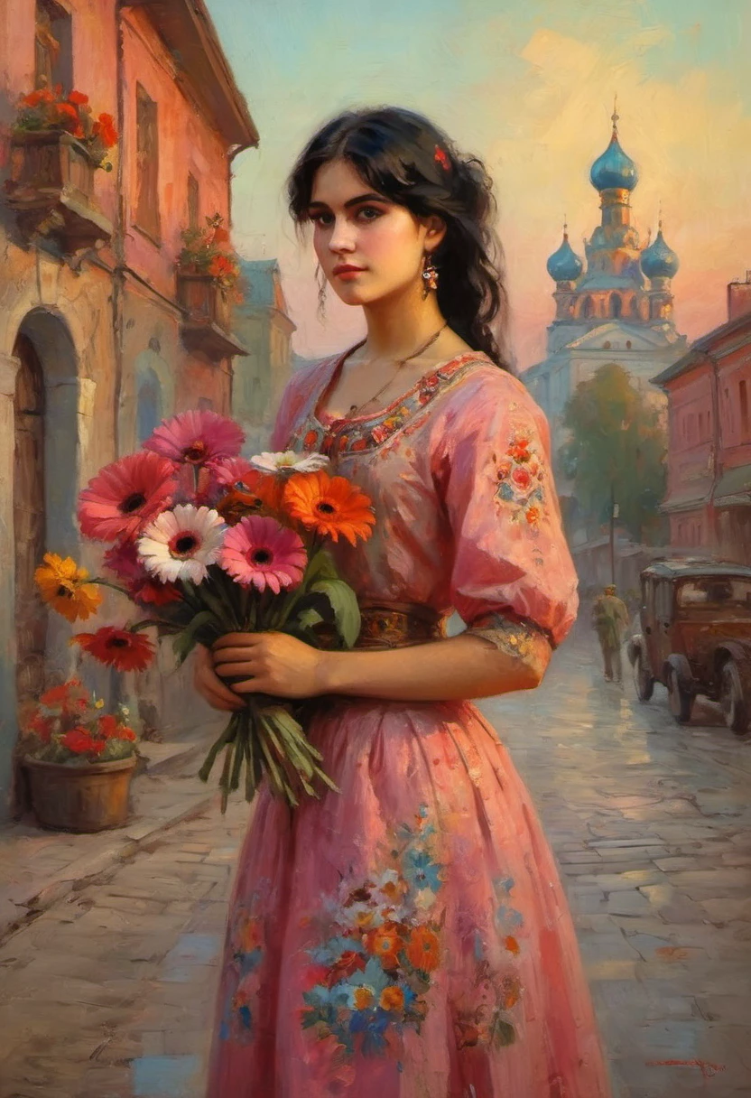 a young Russian girl, against the background of a scarlet sunset, complex detailing, aged canvas, "the girl by the white birch" (in the style of Konstantin Makovsky, depicted in oil on canvas),
depicts a beautiful girl with brown hair in a scarf, dressed in a top and maxi skirt with patterns and knitting, a birch branch with silk multicolored ribbons((background: high bank of the white birch river in cheerful colors,
stunning, highly detailed, 8k, ornate, intricate, vintage, dehydrated, atmospheric, scuff gradient,
(oil painting: 0.75), (splash: 0.75), (turquoise: 0.2), (orange: 0.2), (pink:0.33), 
 (Jeremy Mann: 0.5), (John Constable: 0.1),
((El Greco: 0.5),(acrylic paint: 0.75), 8k (())e