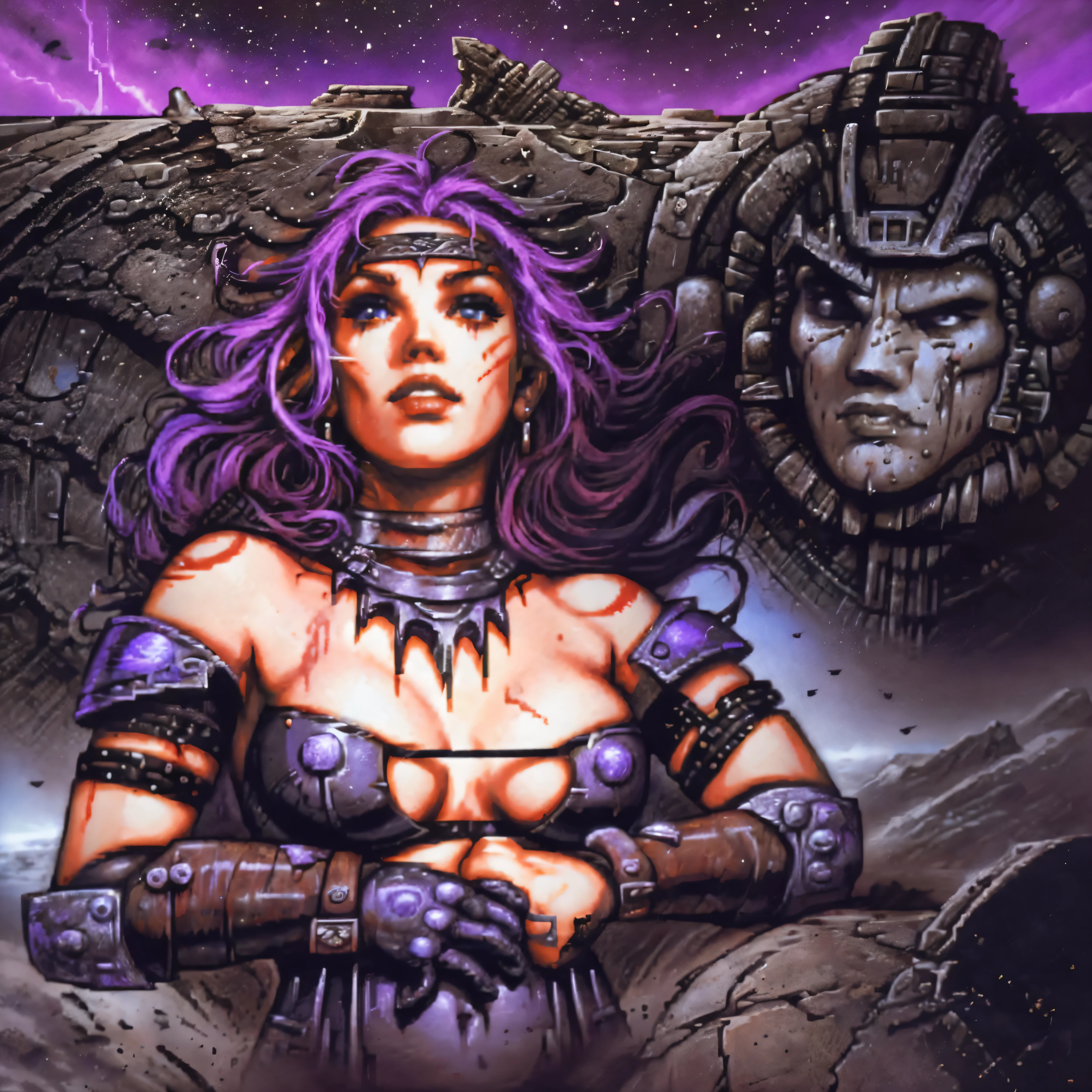 1 barbarian female, heavy metal magazine, blue head girl, realistic hand, sexy lips, space-warrior girl, cyborg girl, beautiful bbw girl, chubby girl, woman-warrior, whole body, nude body, Perfect skin, space background, blood rain, dark fantasy, Linsner style, Science fiction, 80s, 16-bit game, VHS era, planet in space background, purple lightning, psychedelic color background, smog, fog, swamp, girl in swamp, mad max style, vhs tape cover