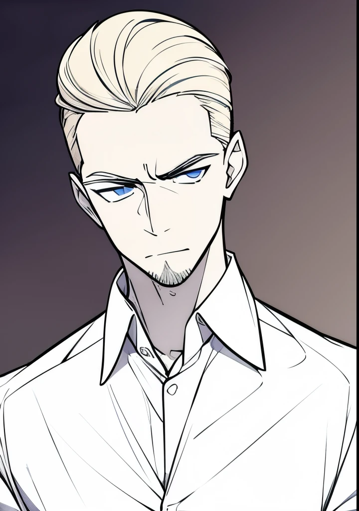 Young Adult male, white and tender skin, pale blonde slicked back combed short hair, kaiser mustache, ducktail beard, steel blue eyes, green and slightly mature, serious and emotionless facial expression, wearing white bottom long sleeve shirt with collar, portrait style, facing forwards