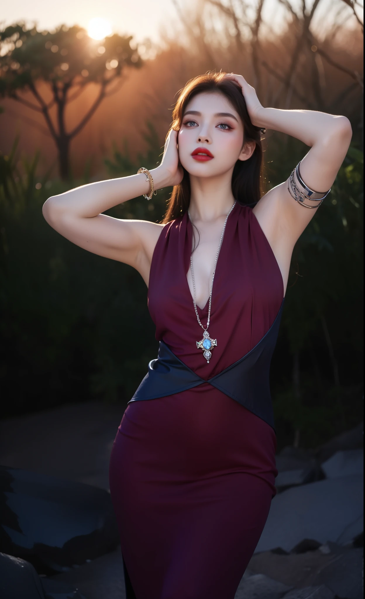 Royal sister，super detailed, Detailed face, movie stock photography , Portrait 400, F1 camera lens.6, rich and colorful, surreal, Realistic texture, dramatic lighting, film alembic 800 (8K, original photo, better quality, masterpiece: 1.2), super detailed, (highly refined skin: 1.2), 8K Ultra HD, SLR camera, soft light, high quality.ice queen，fallen angel，blue pupils，Apply red lipstick，luxury clothing，Gorgeous jewelry，breast plumpness，Fingers neat，Put your hands on your face