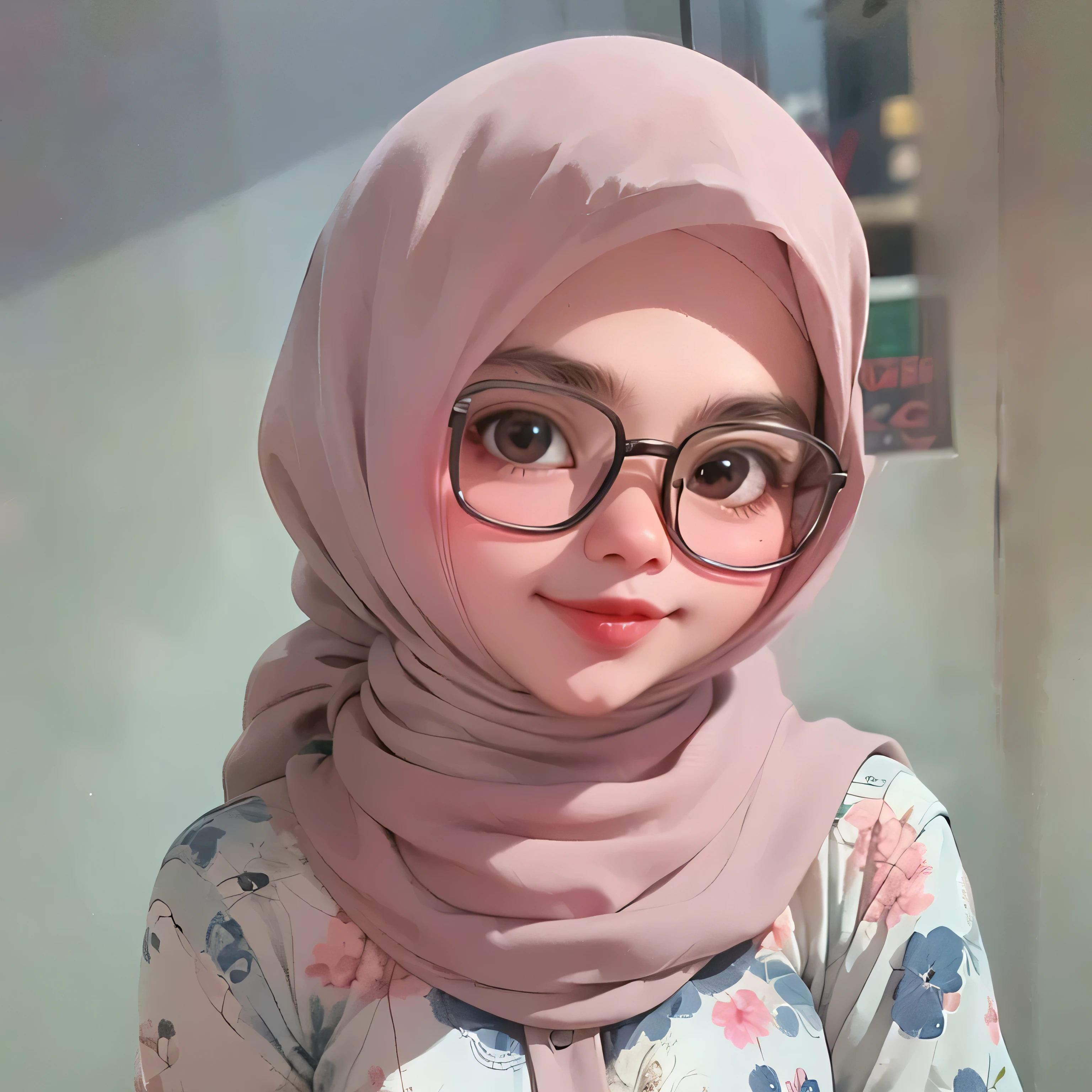 super cute girl IP by popmart,natural light,Adorable,Youthful,Animated, pixar style, hijab style, muslim, gray background, smile, look in camera, closed lips