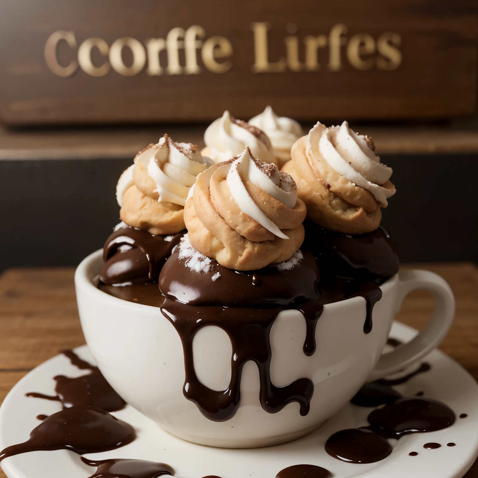 profiteroles in a coffee cup in chocolate so that Profitrolle is written on the cup
