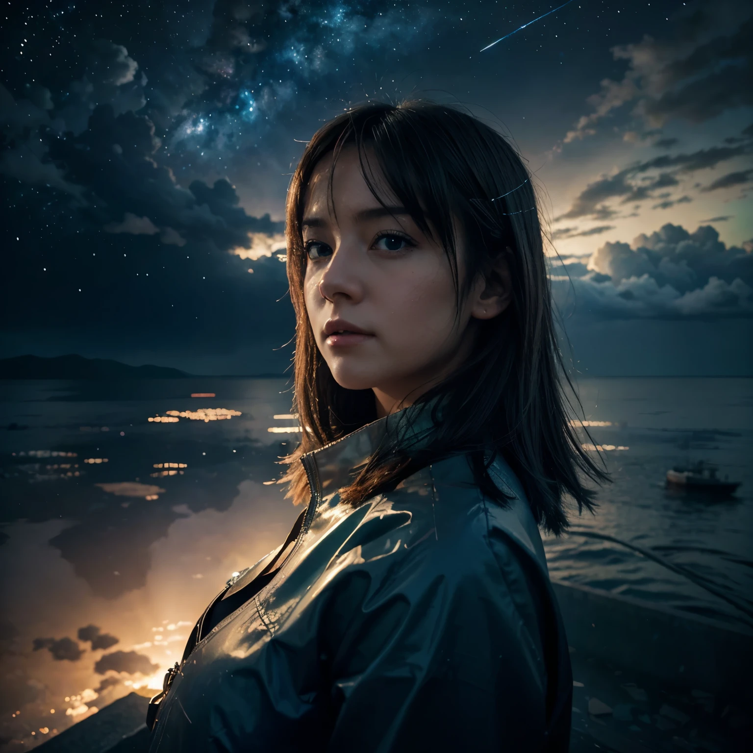 1 girl, eye, close-up, Beautiful night sky, meteor Rain, Beyond the clouds, Water surrounded by, Reflections, Broad Angels, Breathtaking clouds, Wide Angle, author Makoto Shinkai, Thomas Kinkade, James Gillard, from holosomnialandscape, HDR, volumetric lighting, ray tracing, difficult, High detail, very detailed, on deviantart, 4k vertical wallpaper,, colorful, aerial, anime illustration, Anime Nature Wallpaper