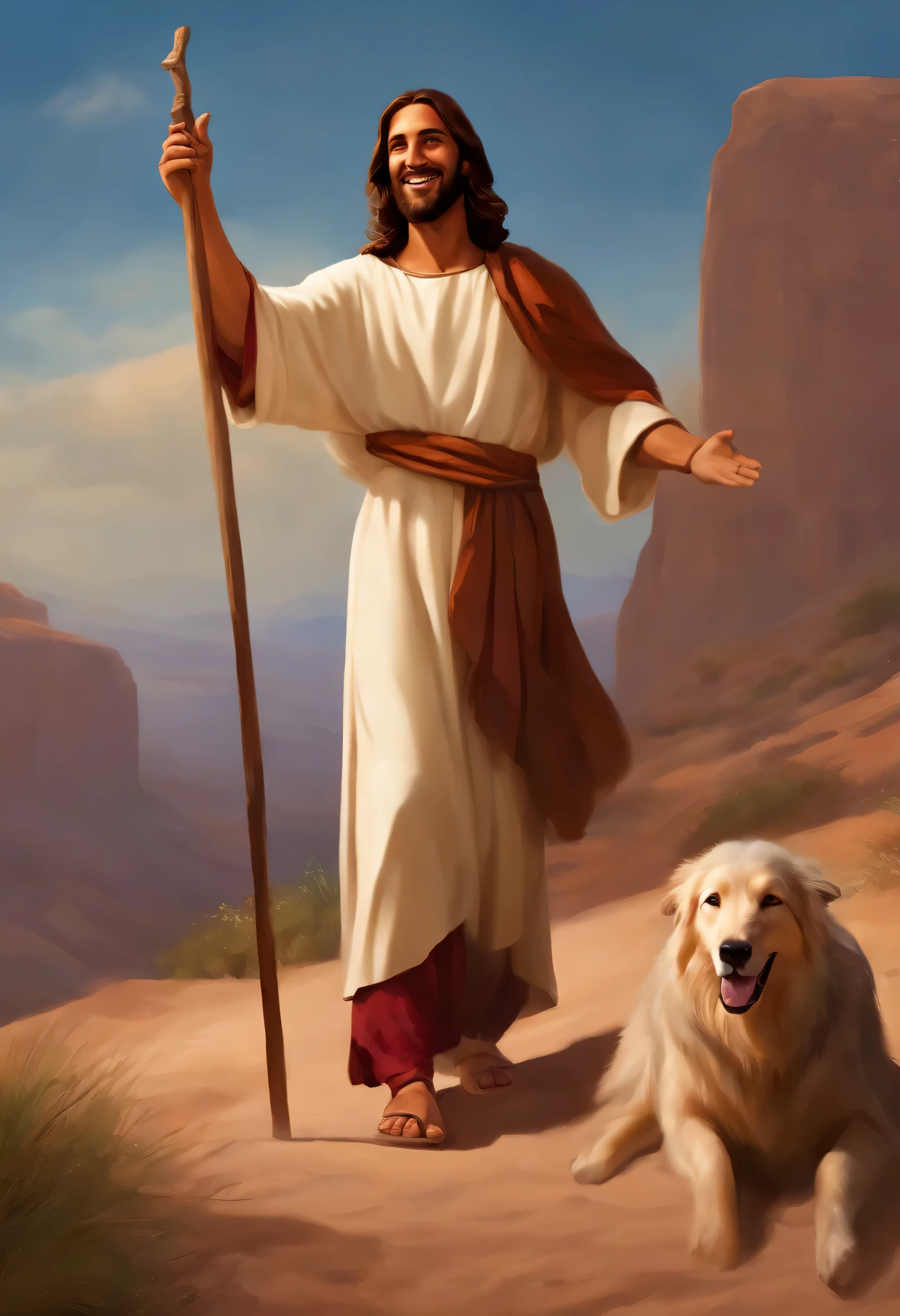 Tan skin Jesus, smiling shepherd with one arm arm out inviting the viewer on an adventure. Other hand has a shepherds staff. Mary his mother is to his right and is looking at him. Peter is to his left