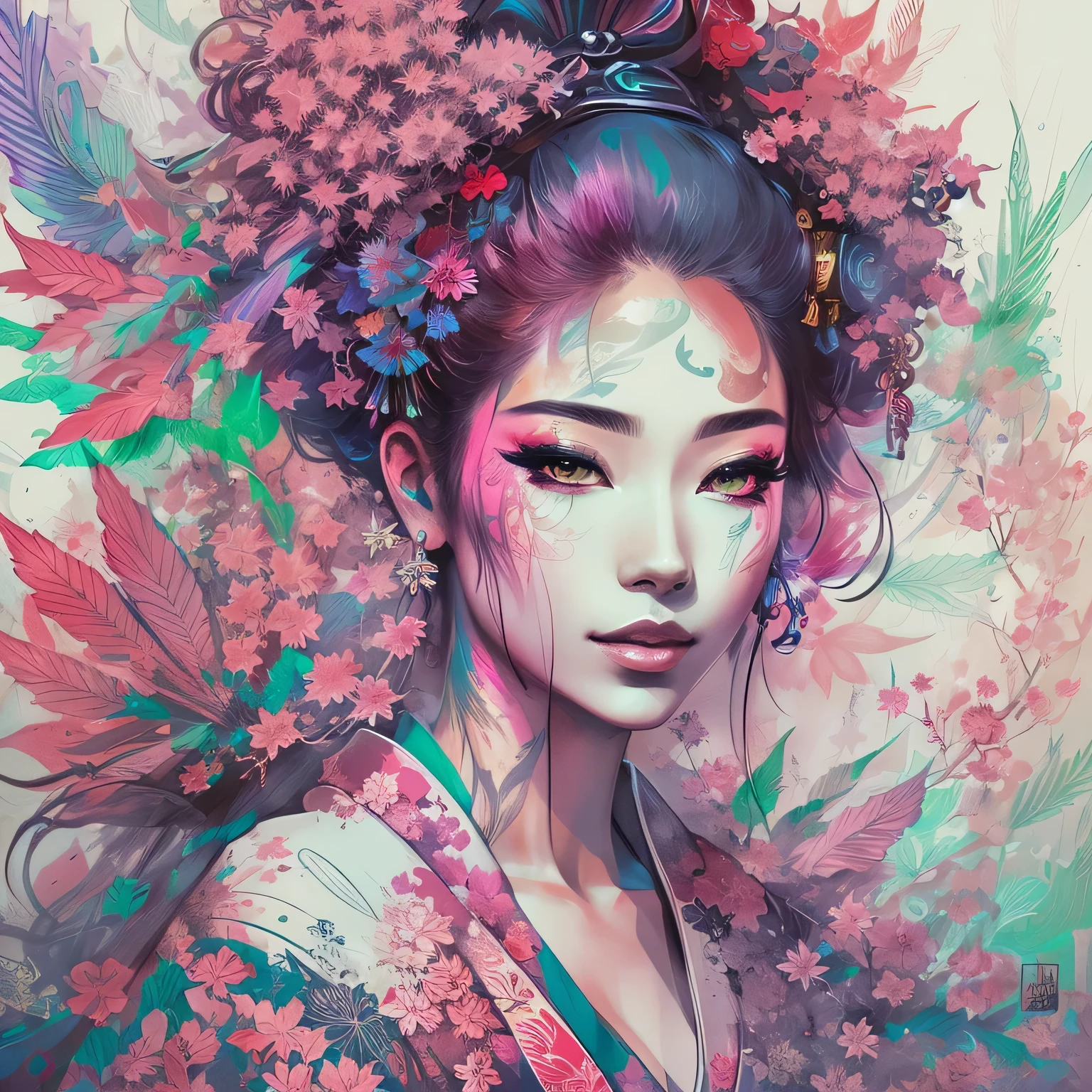 Stunning cannabis geisha, centered, cannabis key visual, intricate, highly detailed, breathtaking beauty, precise lineart, vibrant, comprehensive cinematic, Carne Griffiths, Conrad Roset, (the most beautiful portrait in the world:1.5)