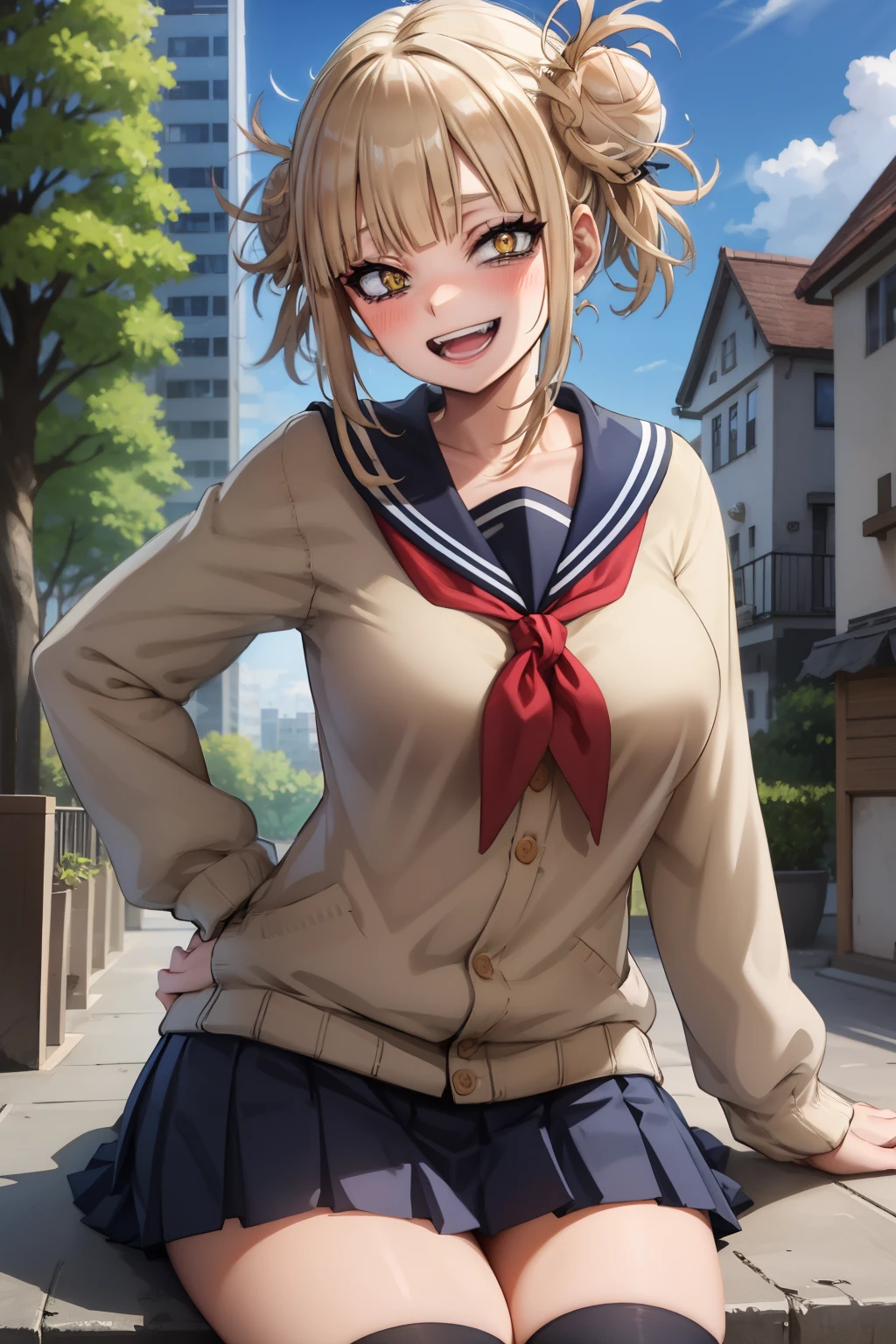 HimikoU1, 1girl, solo, bangs, blonde hair, yellow eyes, blunt bangs, hair bun, double bun, sidelocks, messy hair, looking at viewer, smile, blush, bags under eyes, teeth, , sailor collar, open mouth, serafuku, fangs, breasts, big breasts, cardigan, narrowed eyes, long sleeves, neckerchief, red neckerchief, cowboy shot, slit pupils, blue saillor collar, skirt, sharp teeths, :d, pleated skirt, collarbone, short hair, blue skirt, kneehighs, hands in hips, outdoors, day, buildings, city, clouds, balcony, trees, bushes, sitting, sitting in, girl sitting in, hourglass body, curvy,