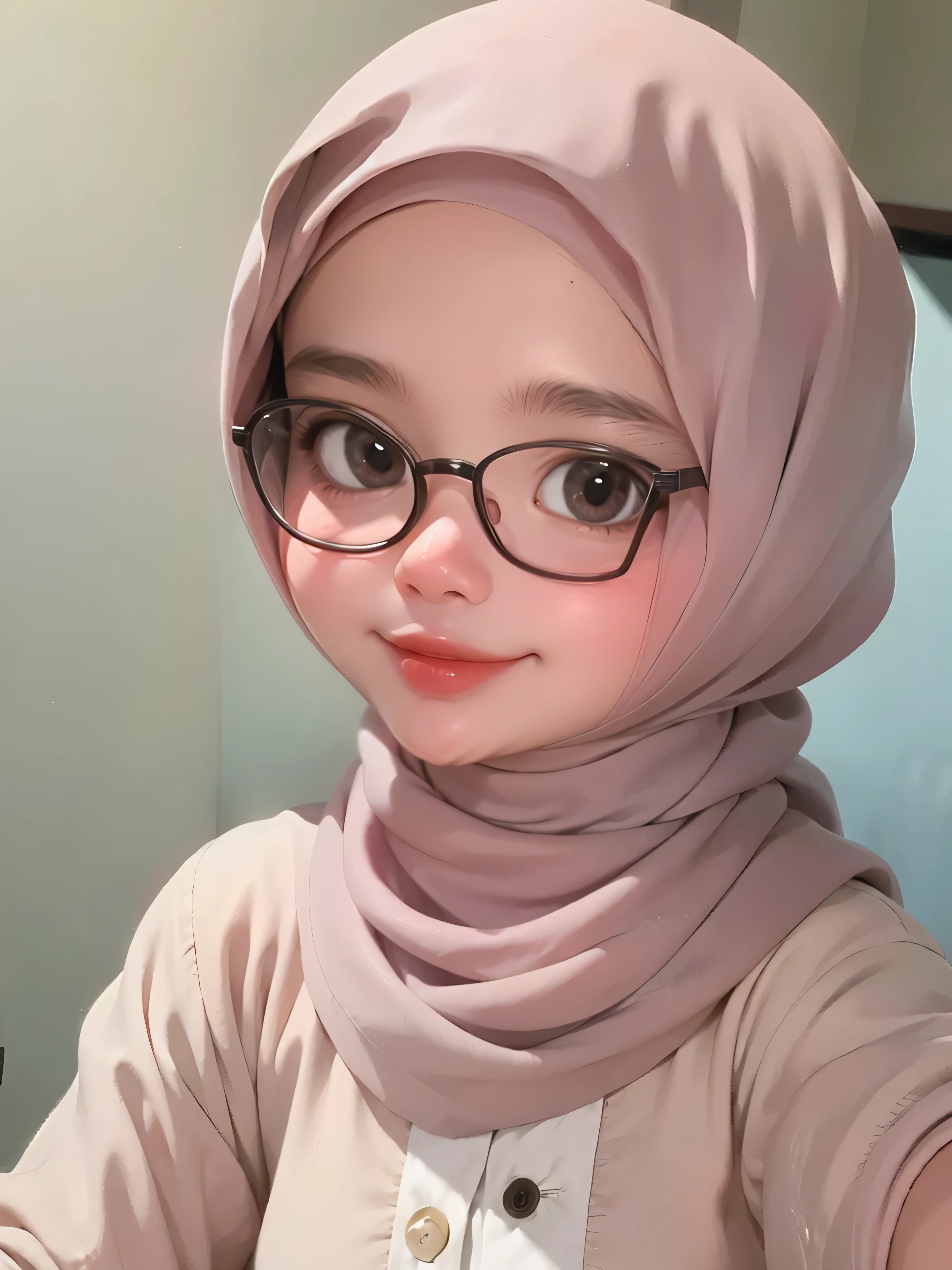 super cute girl IP by popmart,natural light,Adorable,Youthful,Animated, pixar style, hijab style, muslim, gray background, smile, look in camera, closed lips