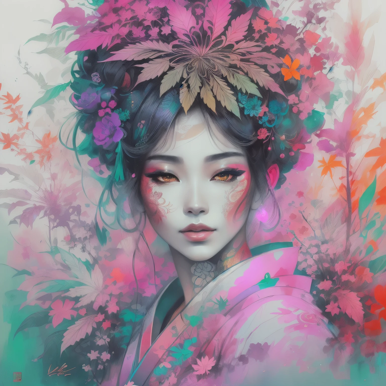 Stunning cannabis geisha, centered, cannabis key visual, intricate, highly detailed, breathtaking beauty, precise lineart, vibrant, comprehensive cinematic, Carne Griffiths, Conrad Roset, (the most beautiful portrait in the world:1.5)