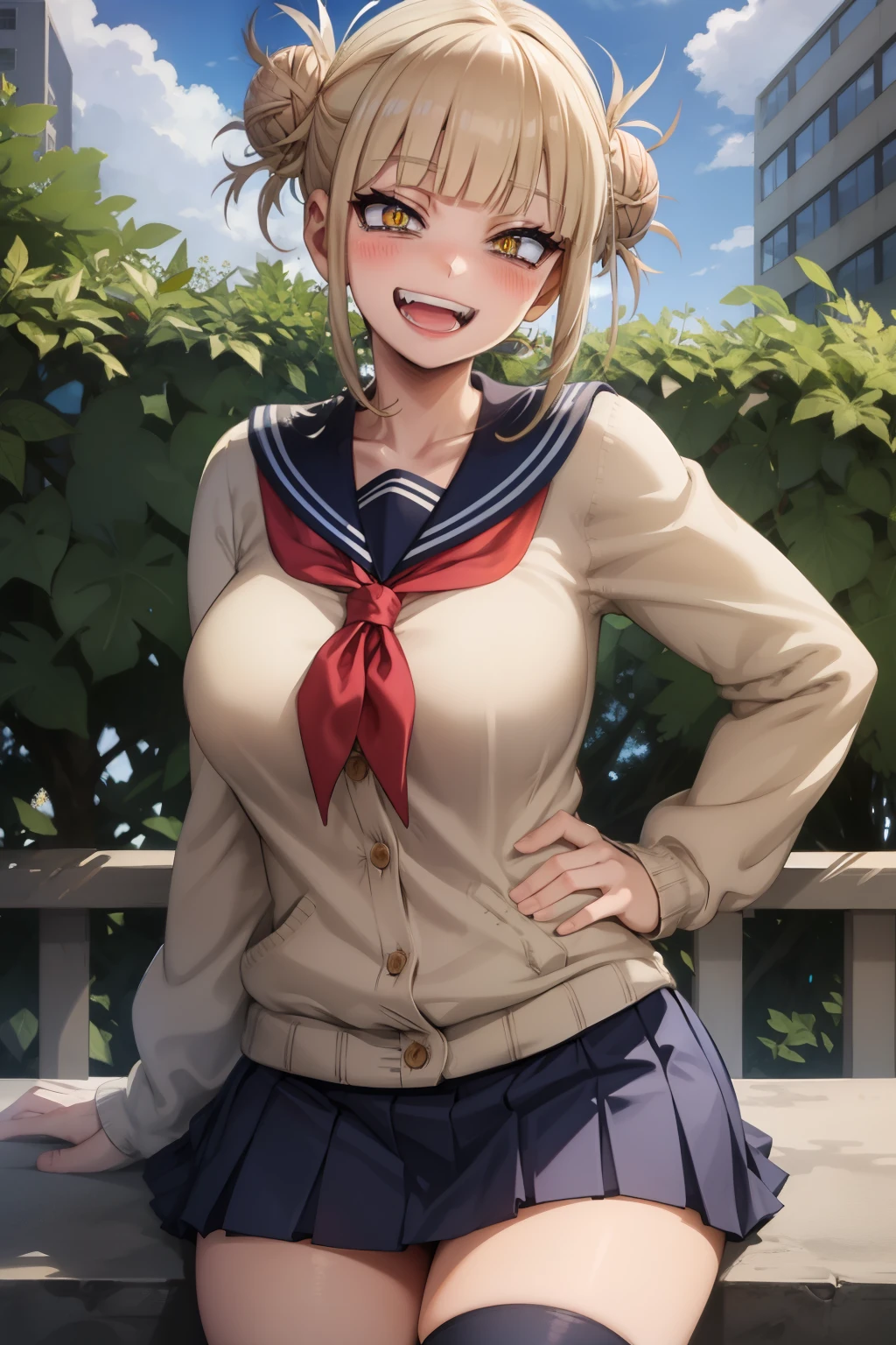 HimikoU1, 1girl, solo, bangs, blonde hair, yellow eyes, blunt bangs, hair bun, double bun, sidelocks, messy hair, looking at viewer, smile, blush, bags under eyes, teeth, , sailor collar, open mouth, serafuku, fangs, breasts, big breasts, cardigan, narrowed eyes, long sleeves, neckerchief, red neckerchief, cowboy shot, slit pupils, blue saillor collar, skirt, sharp teeths, :d, pleated skirt, collarbone, short hair, blue skirt, kneehighs, hands in hips, outdoors, day, buildings, city, clouds, balcony, trees, bushes, sitting, sitting in, girl sitting in, hourglass body, curvy,
 