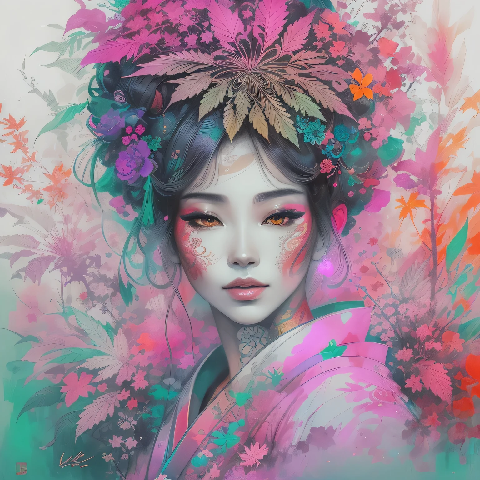 Stunning cannabis geisha, centered, cannabis key visual, intricate, highly detailed, breathtaking beauty, precise lineart, vibrant, comprehensive cinematic, Carne Griffiths, Conrad Roset, (the most beautiful portrait in the world:1.5)