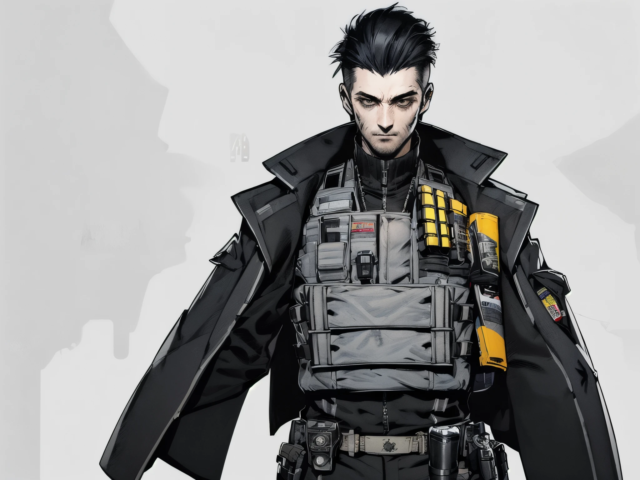 post-apocalypse, Doomsday wasteland style, concept art, character painting, 1boy, male focus, black hair, punk haircut, white background, bulletproof vest, holding, military vest, business suit, solo, standing, horror, science fiction, simple background, opened arms