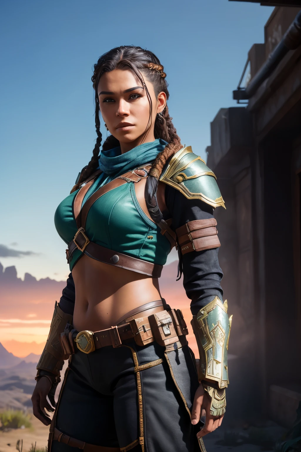 Mulher guerreira no estilo horizon zero dawn,cabelos castanhos e longos ao vento,armadura estilo horizon zero dawn,realistic art, 4k,mulher bem detalhada,cenario com maquinas estilo horizon zero dawn,woman carrying a horizon zero dawn style spear,