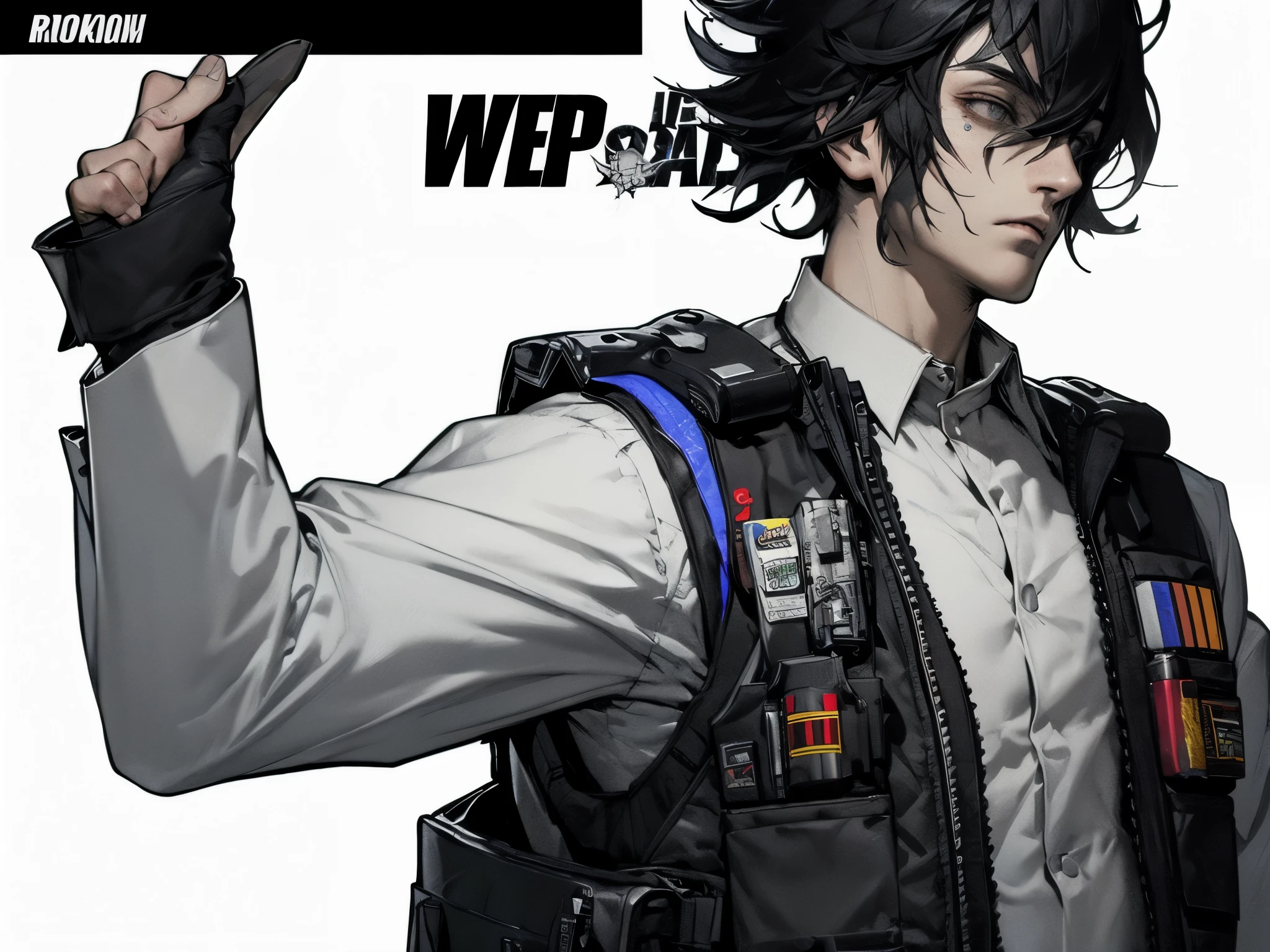 post-apocalypse, Doomsday wasteland style, concept art, character painting, 1boy, male focus, black hair, punk haircut, white background, bulletproof vest, holding, military vest, business suit, solo, standing, horror, science fiction, simple background, opened arms