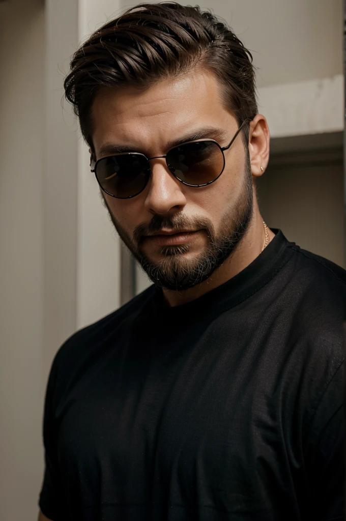 man with a beard and sunglasses, with a cool pose, very attractive man with beard, with a black shirt, portrait shot, handsome man, super model