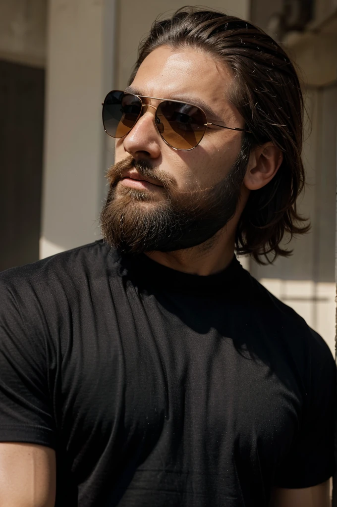 man with a beard and sunglasses, with a cool pose, very attractive man with beard, with a black shirt, portrait shot, handsome man, super model