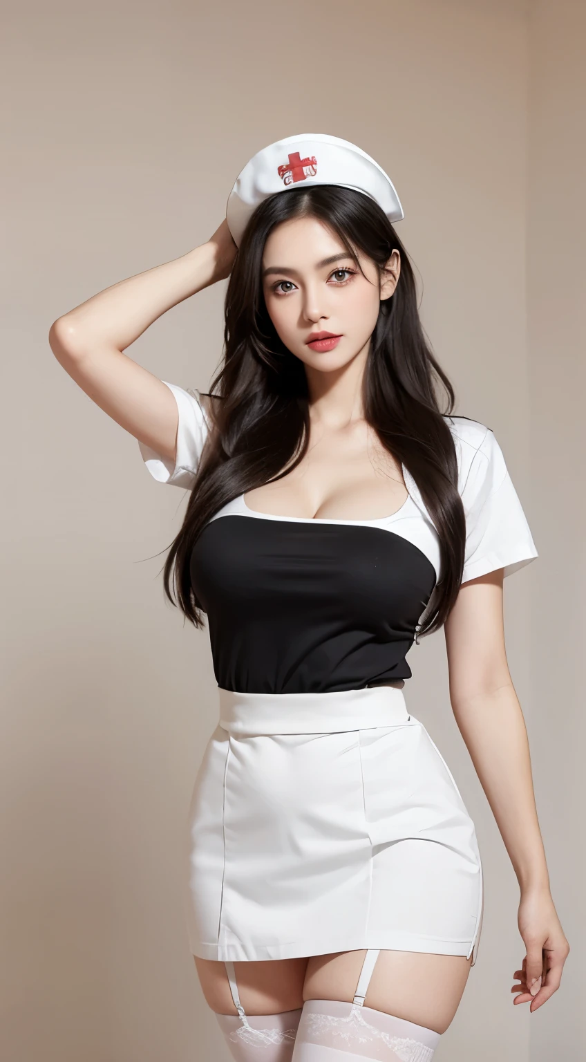 (lifelike,high resolution：1.3）， A slim girl， The face shape and eyes are super delicate,black hair,red glossy lips,(beautiful face), (best quality), (Super detailed), (Extremely detailed CG unified 8K wallpaper),(White background),sexy look,big eyes,(standing),sexy pose,Character centered,（Nurse uniform, nurse cap, nurse skirt, white stockings),perfect breast shape,cleavage,(nurse)