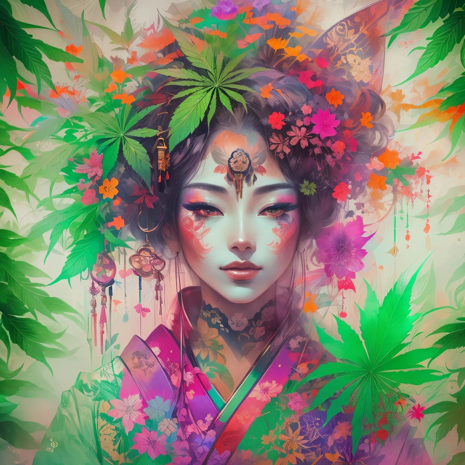 Stunning cannabis geisha, centered, cannabis key visual, intricate, highly detailed, breathtaking beauty, precise lineart, vibrant, comprehensive cinematic, Carne Griffiths, Conrad Roset, (the most beautiful portrait in the world:1.5)