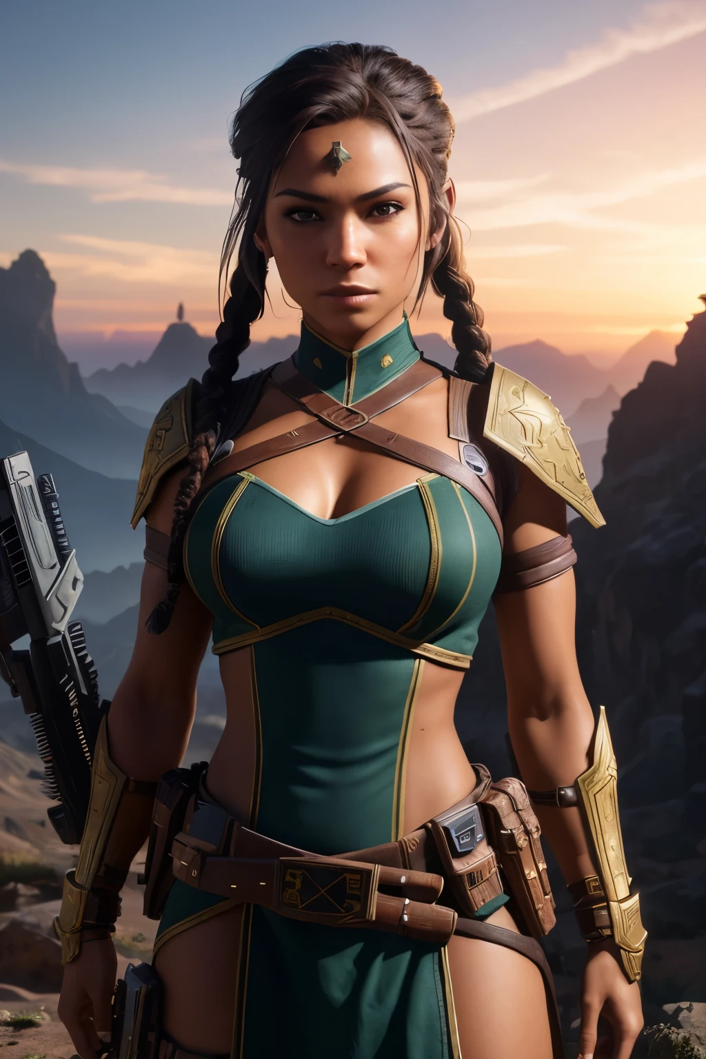 Photo of Horizon Forbidden West's ALOY, ultra-realistic, HD, 8K,
((Gamer character:1.3)), ((Detailed face:1.2)), ((detailed facial features)), highly detailed skin, tanned,
((Action figure:1.15)), short dark hair, braided,Dynamic pose,
((Advanced graphics:1.3)), ((Palette rich colors:1.2)), Post-apocalyptic environment,
((Detailed costume:1.3)), intricate armor design, weapons,
((Open world exploration:1.37)), Sunset background,
((Proportions perfect:1.1)), Bokeh