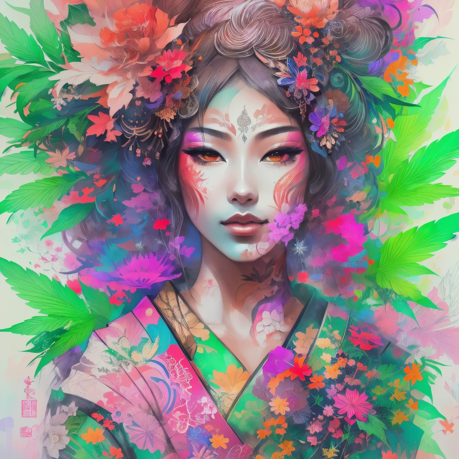 Stunning cannabis geisha, centered, cannabis key visual, intricate, highly detailed, breathtaking beauty, precise lineart, vibrant, comprehensive cinematic, Carne Griffiths, Conrad Roset, (the most beautiful portrait in the world:1.5)