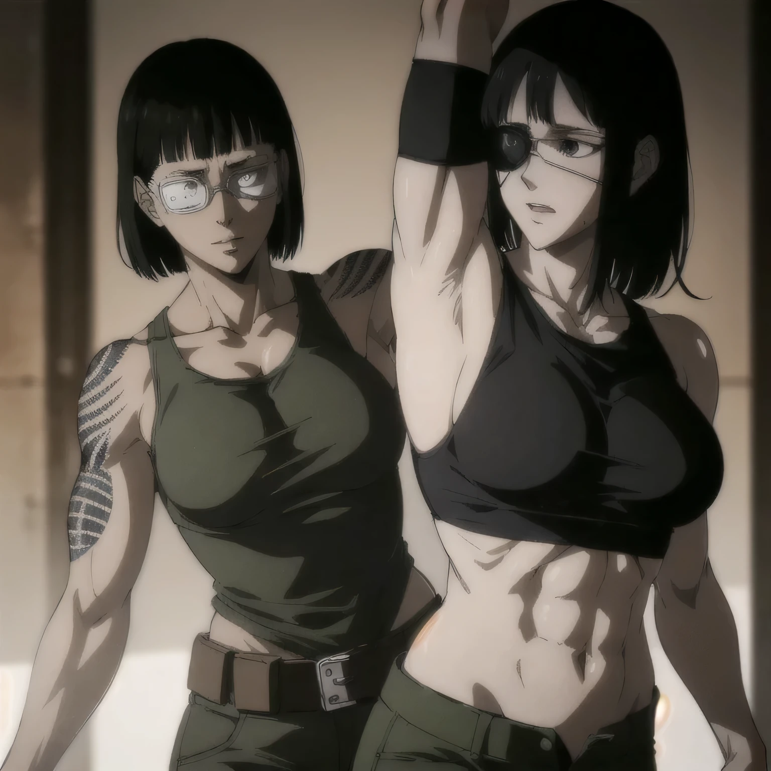 (best quality,ultra-detailed,realistic:1.37), military, muscular girl with sculpted body wearing a tank top, beautiful tattoo on girl's shoulder, full review of the female character's face and body, intense expression, strong and confident posture, studio lighting, vivid colors, physiologically-based rendering, grungy texture, rugged background, dust particles in the air, commanding presence, professional, powerful, gritty aesthetics,six-pack,eye patch,military pants 