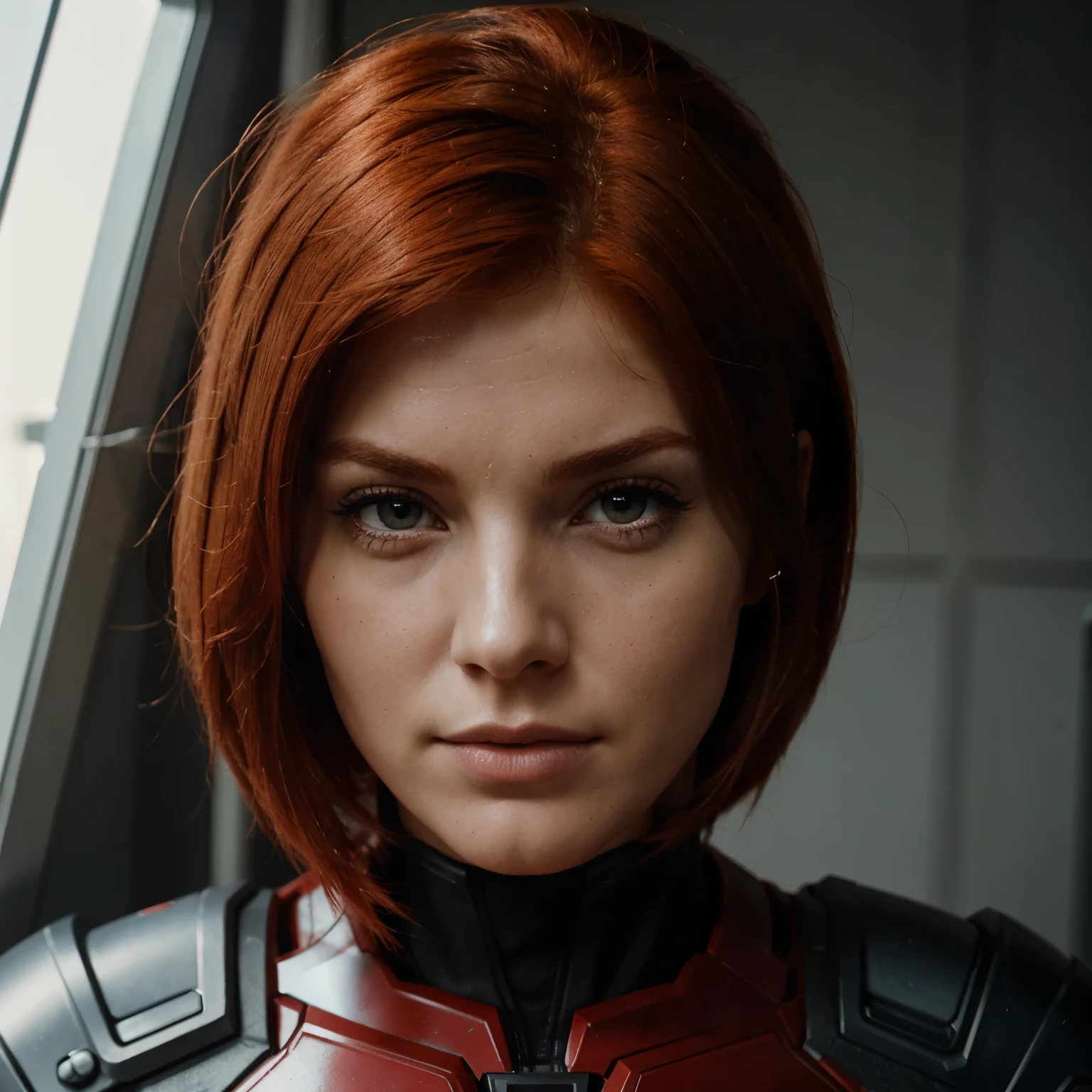 Red head femshep, closeup portrait, stare