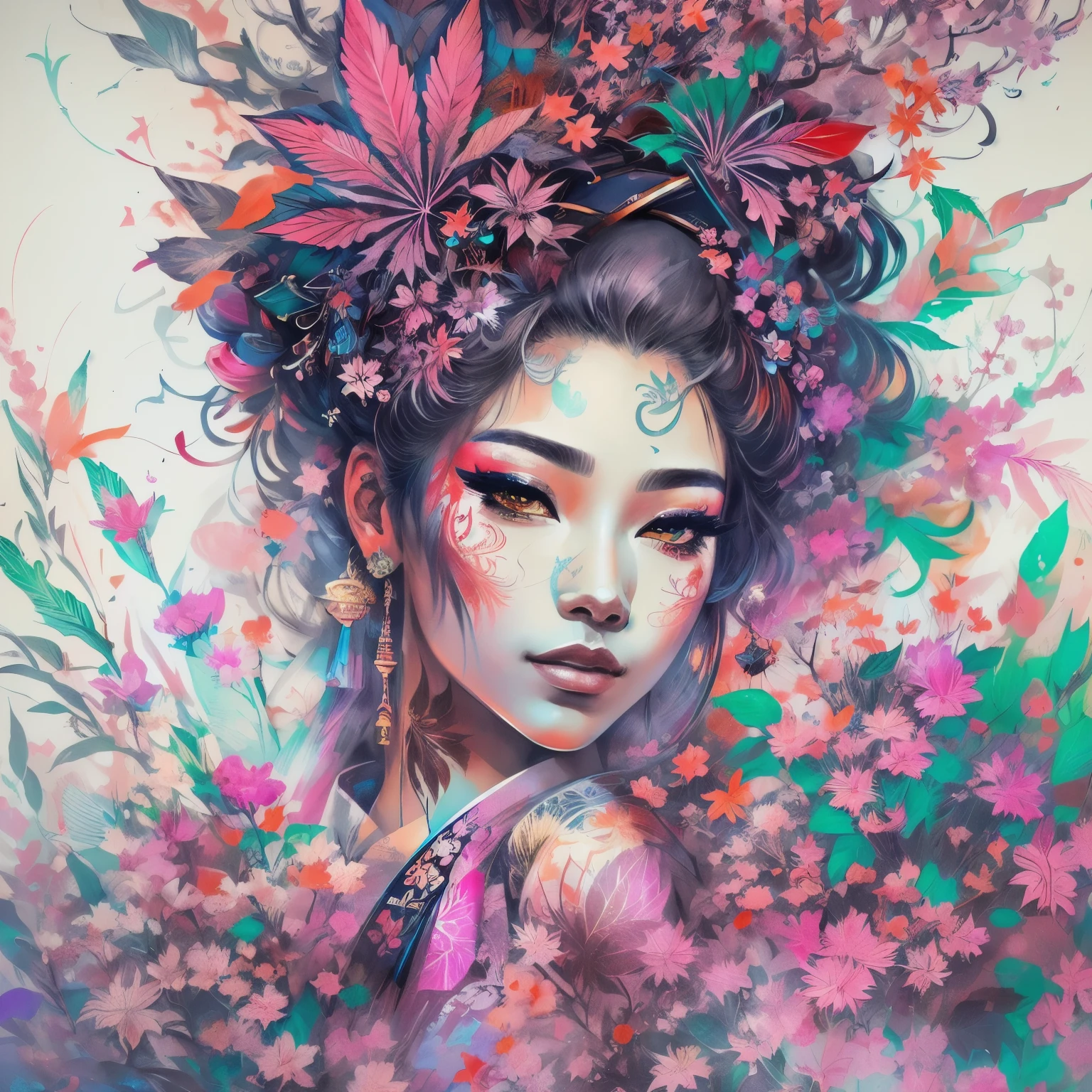 Stunning cannabis geisha, centered, cannabis key visual, intricate, highly detailed, breathtaking beauty, precise lineart, vibrant, comprehensive cinematic, Carne Griffiths, Conrad Roset, (the most beautiful portrait in the world:1.5)