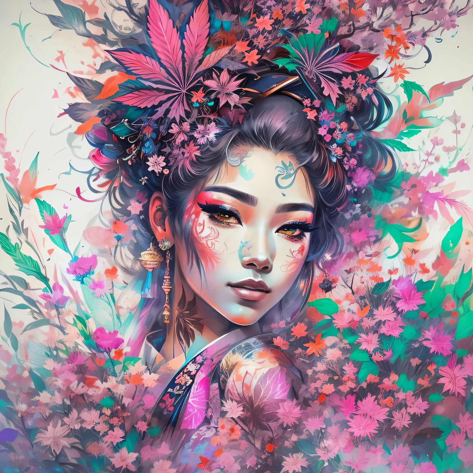 Stunning cannabis geisha, centered, cannabis key visual, intricate, highly detailed, breathtaking beauty, precise lineart, vibrant, comprehensive cinematic, Carne Griffiths, Conrad Roset, (the most beautiful portrait in the world:1.5)