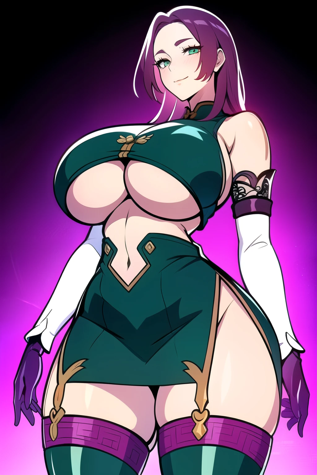 ultra realistic 8k cg, masterpiece, (( intricate detail, highly detailed, fine details best quality, hyperdetailed face)), gigantic breasts ,beautiful lighting, absurdres, BoaHancockV2, 1girl, solo, red hair, long hair, jewelry, closed mouth, ), (chinese dress, (underboob : 1.4), elbow gloves, thigh boots, split skirt, bare shoulders, curvy, midriff, curvy, thighs, shiny clothes), green eyes, (complex detailed background, inside, luxury palace), ((cowboy shot)), curvy, (gigantic breasts: 1.1), seductive smile, cowboy shot,