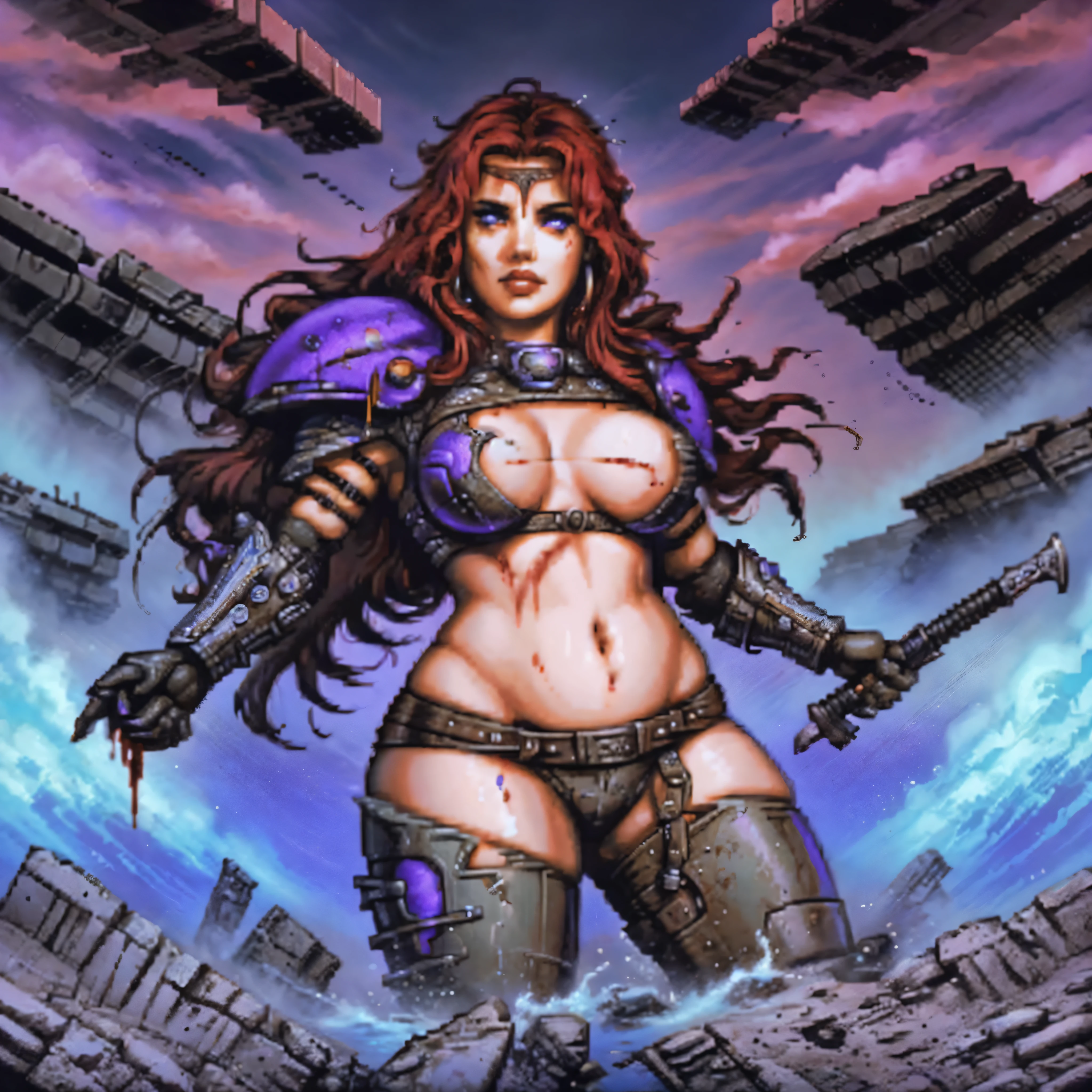 1 barbarian female, heavy metal magazine, blue head girl, sexy lips, space-warrior girl, cyborg girl, beautiful bbw girl, chubby girl, woman-warrior, whole body, nude body, Perfect skin, space background, blood rain, dark fantasy, Linsner style, Science fiction, 80s, 16-bit game, VHS era, planet in space background, purple lightning, psychedelic color background, smog, fog, swamp, girl in swamp, mad max style, vhs tape cover