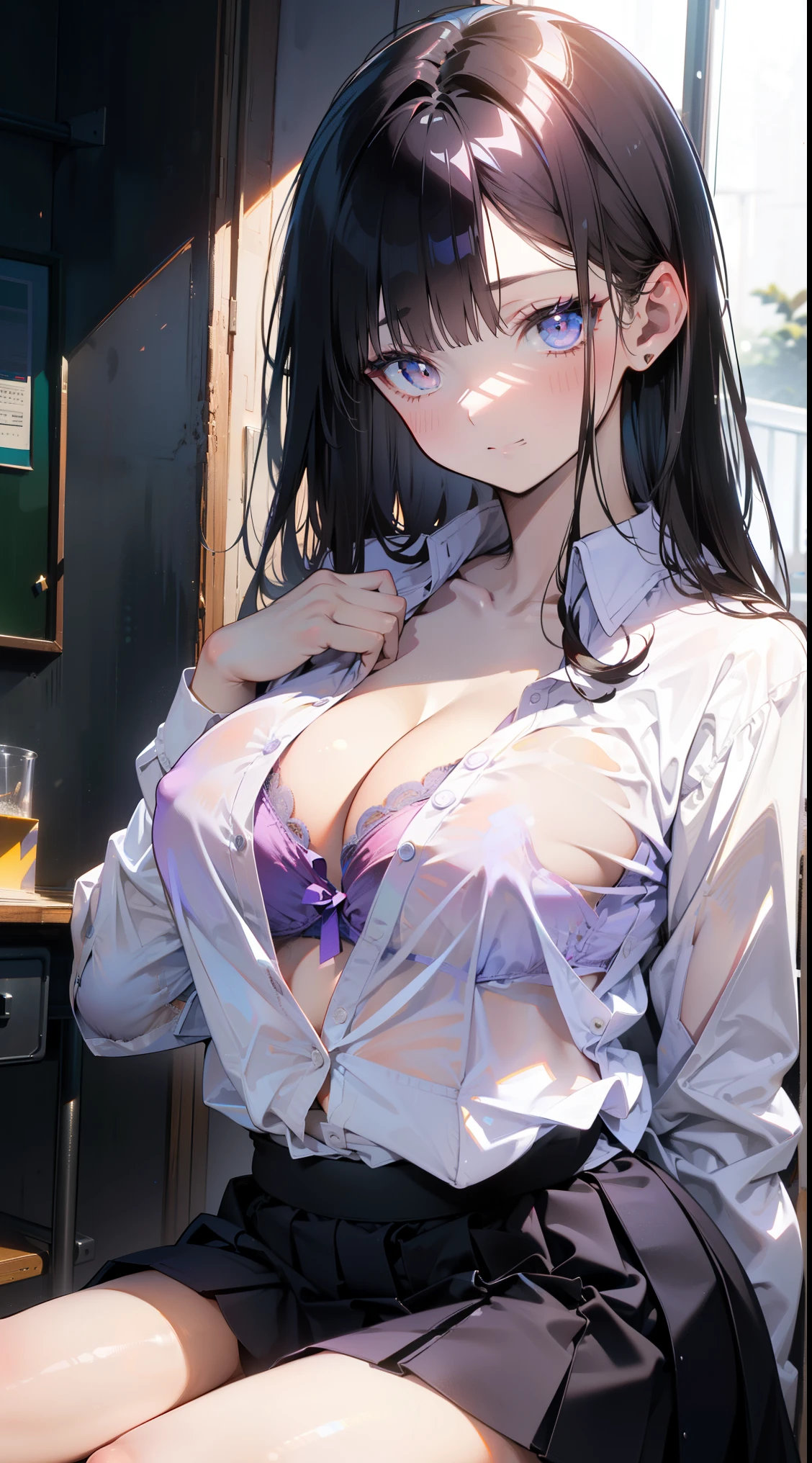 (NSFW:1.0)、perfect hand drawn、beautiful body line、1 beauty, (light purple eyeshadow), (thick neck:1.4)、thick body、(broad shoulders:1.4)、(face becomes smaller)、(pointed chest:1.6)、model body shape、(D cup breasts:1.4)、、clear eyes、big moist eyes、impatience and shy smile:1.2、((school uniform:1.2))、Shirt and knee-length skirt、(face focus:1.4)、messy long hair、evening、very detailed, detailed background, cinematic lighting, (A pure white bra visible through an unbuttoned shirt:1.5)、Lifting up her own white bra and overflowing breasts:1.2