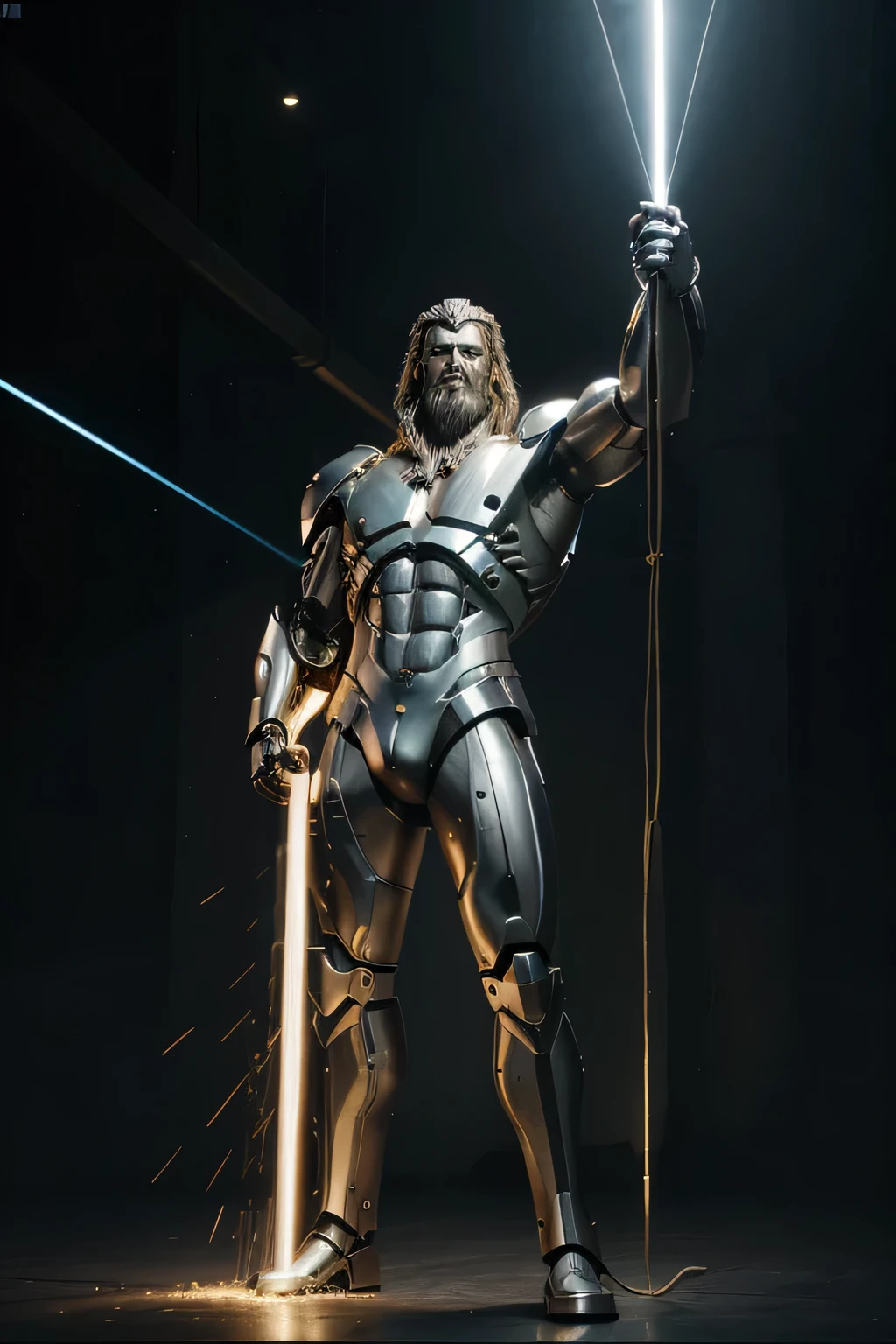 or favor, Produce a visual representation of Zeus, o deus grego, combining its classic appearance with robotic features. Ele deve ser retratado de corpo inteiro, com cabelos e barba compridos, envoltos em raios, while incorporating technological elements, like visible electrical cables. Furthermore, one of the arms must be transformed into a cannon and the other must emit a laser beam. Certifique-se de que a imagem transmita claramente a majestade e o poder de Zeus, keeping your identity recognizable and suitable for large-scale printing.