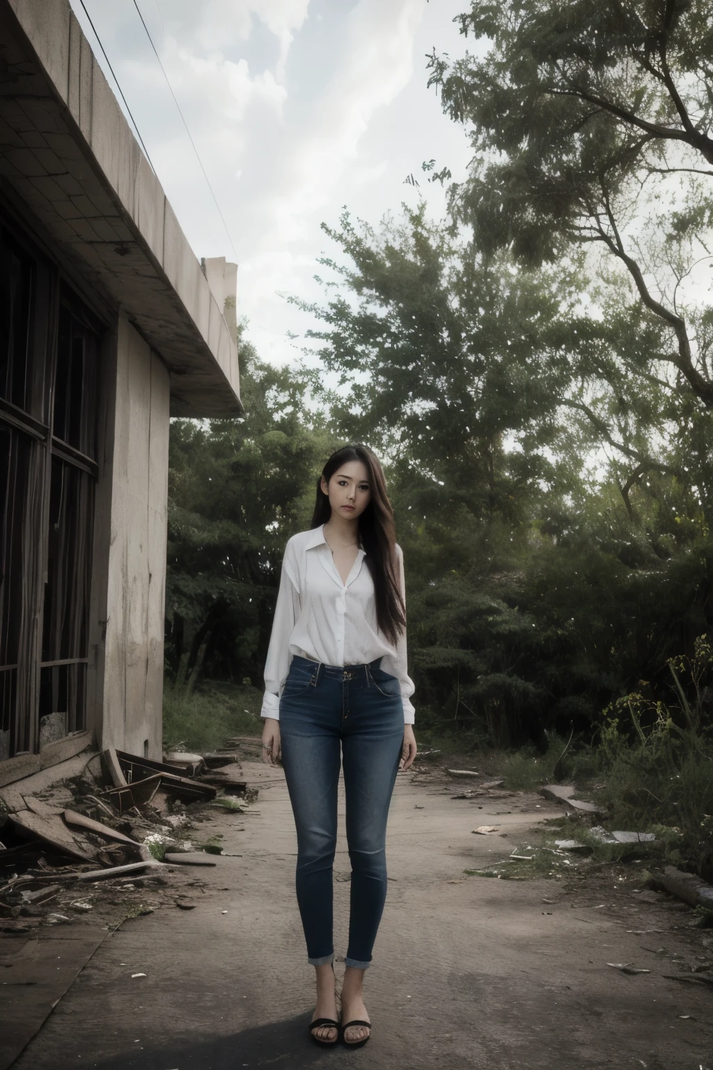 Thai Woman, look at viewer, long hair, shirt, jeans, cloud, day, sky,outdoors, post-apocalypse, ruins, scenery, tree, water, tree, sexy,