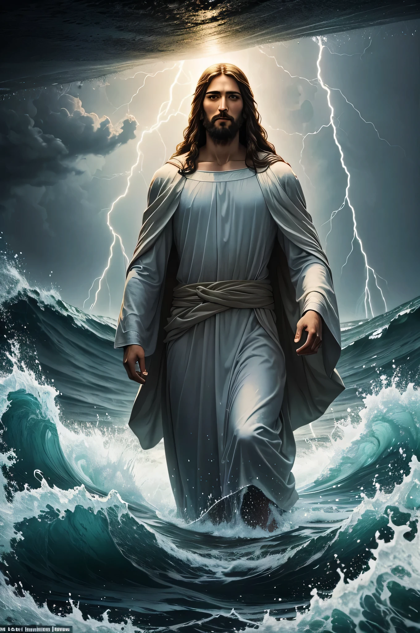 Jesus Christ, serene face shining in glory, walking at night on the waters of the raging sea under a storm with lightning, thunder and lots of rain