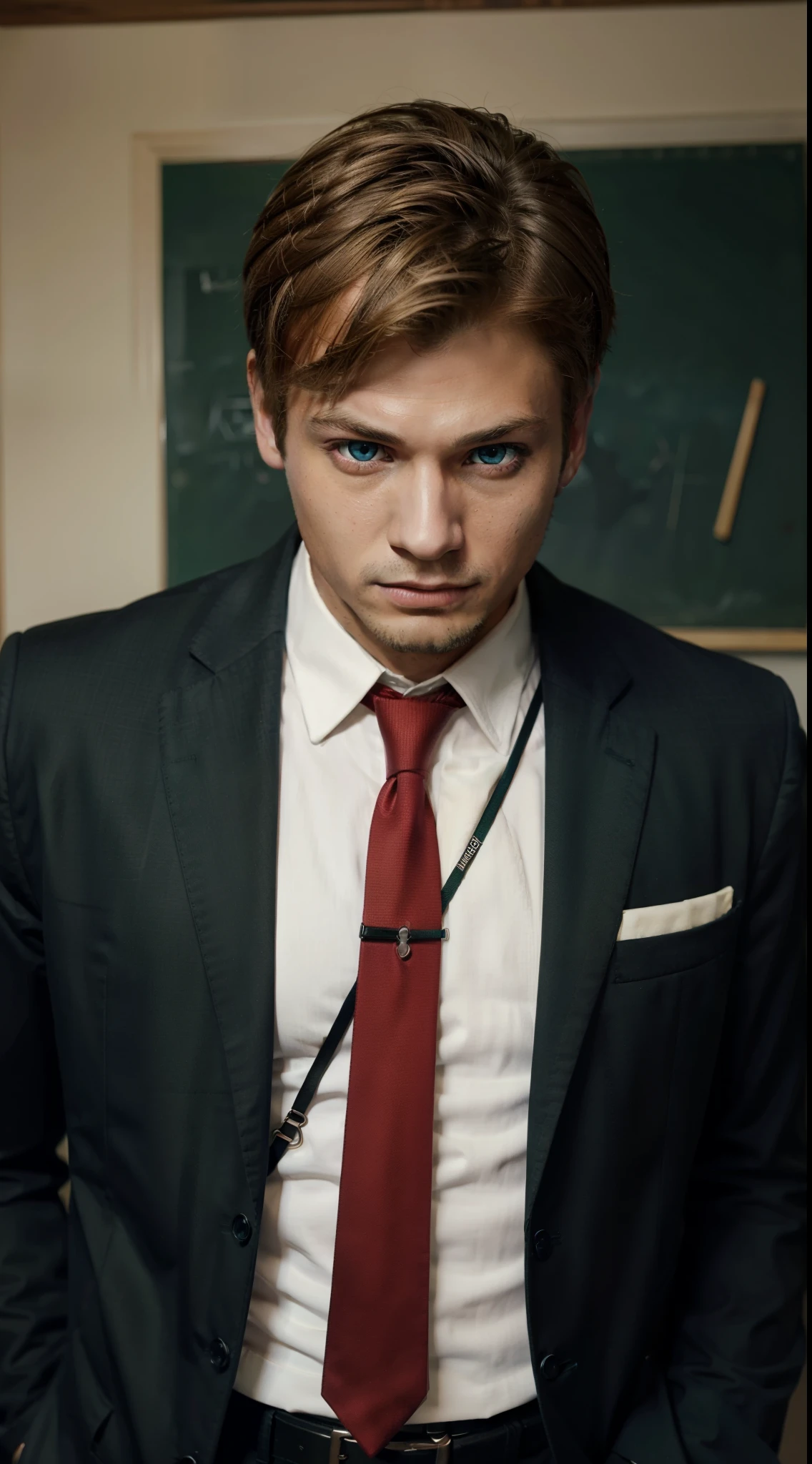 mirio, mirio, short hair, blonde hair, spiked hair,
BREAK shirt, , white shirt, necktie, collared shirt, belt, pants, red necktie, green pants, u.a. ,
BREAK looking at viewer, upper body,
BREAK indoors, classroom,
BREAK (masterpiece:1.2), best quality, high resolution, unity 8k wallpaper, (illustration:0.8), (beautiful detailed eyes:1.6), extremely detailed face, perfect lighting, extremely detailed CG, (perfect hands, perfect anatomy),