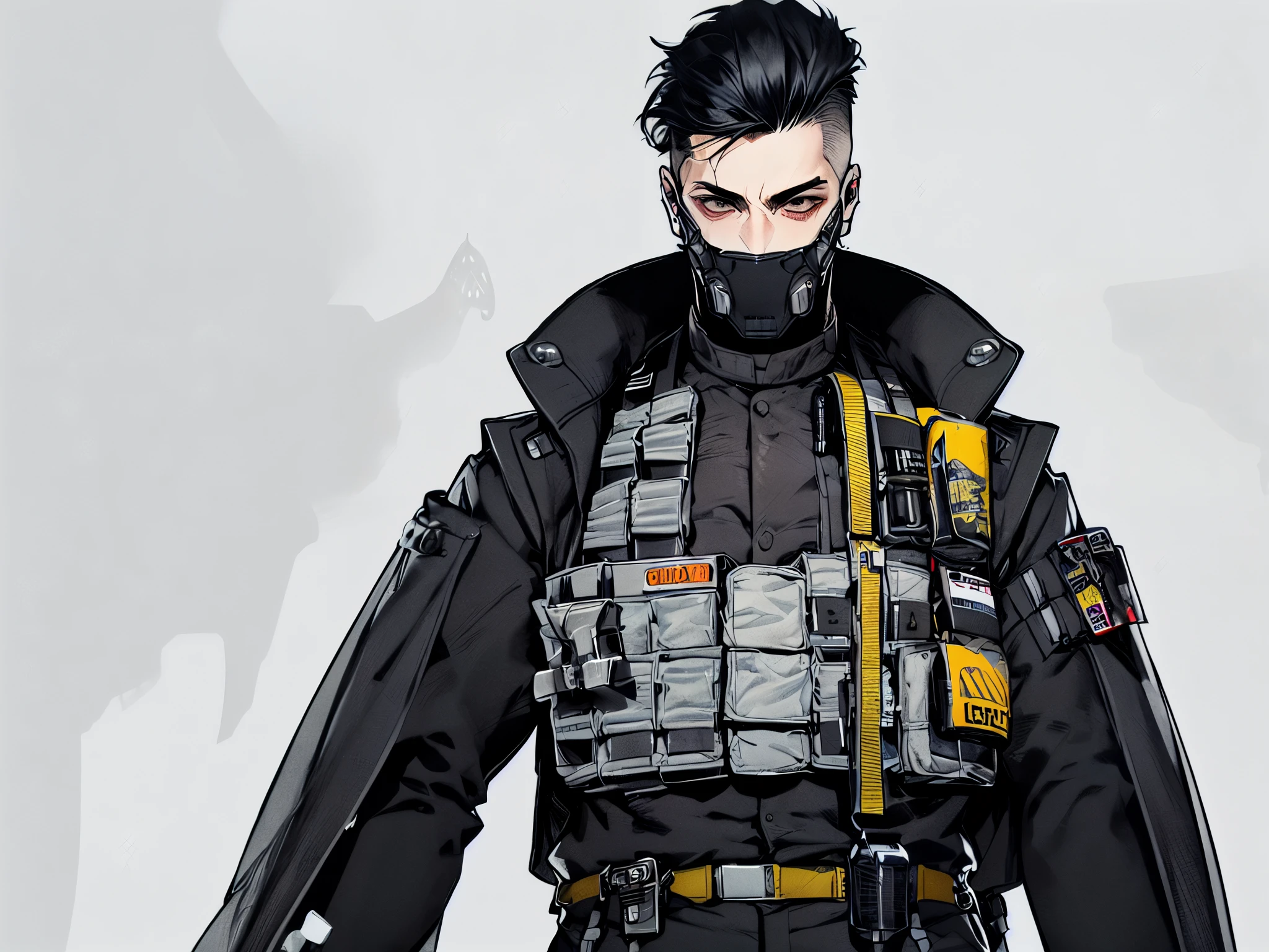 post-apocalypse, Doomsday wasteland style, concept art, character painting, 1boy, male focus, detailed hands, black hair, punk haircut, white background, bulletproof vest, holding, military vest, business suit, solo, standing, horror, science fiction, simple background, opened arms