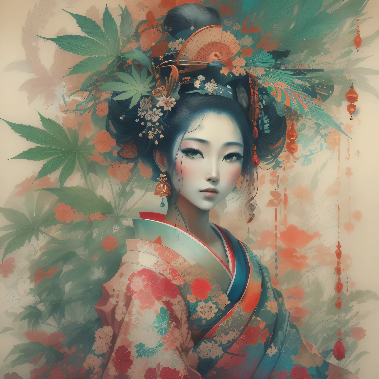 Create an exquisite depiction of a captivating cannabis geisha at the focal point. The artwork should serve as a definitive cannabis-themed visual, featuring intricate details and precise line work. Emphasize the breathtaking beauty of the geisha with vibrant colors and comprehensive cinematic elements. Draw inspiration from artists like Carne Griffiths and Conrad Roset to ensure the artwork reaches the pinnacle of beauty. Aim to craft what could be considered one of the most stunning portraits in the world, with a 1.5 multiplier on its beauty.