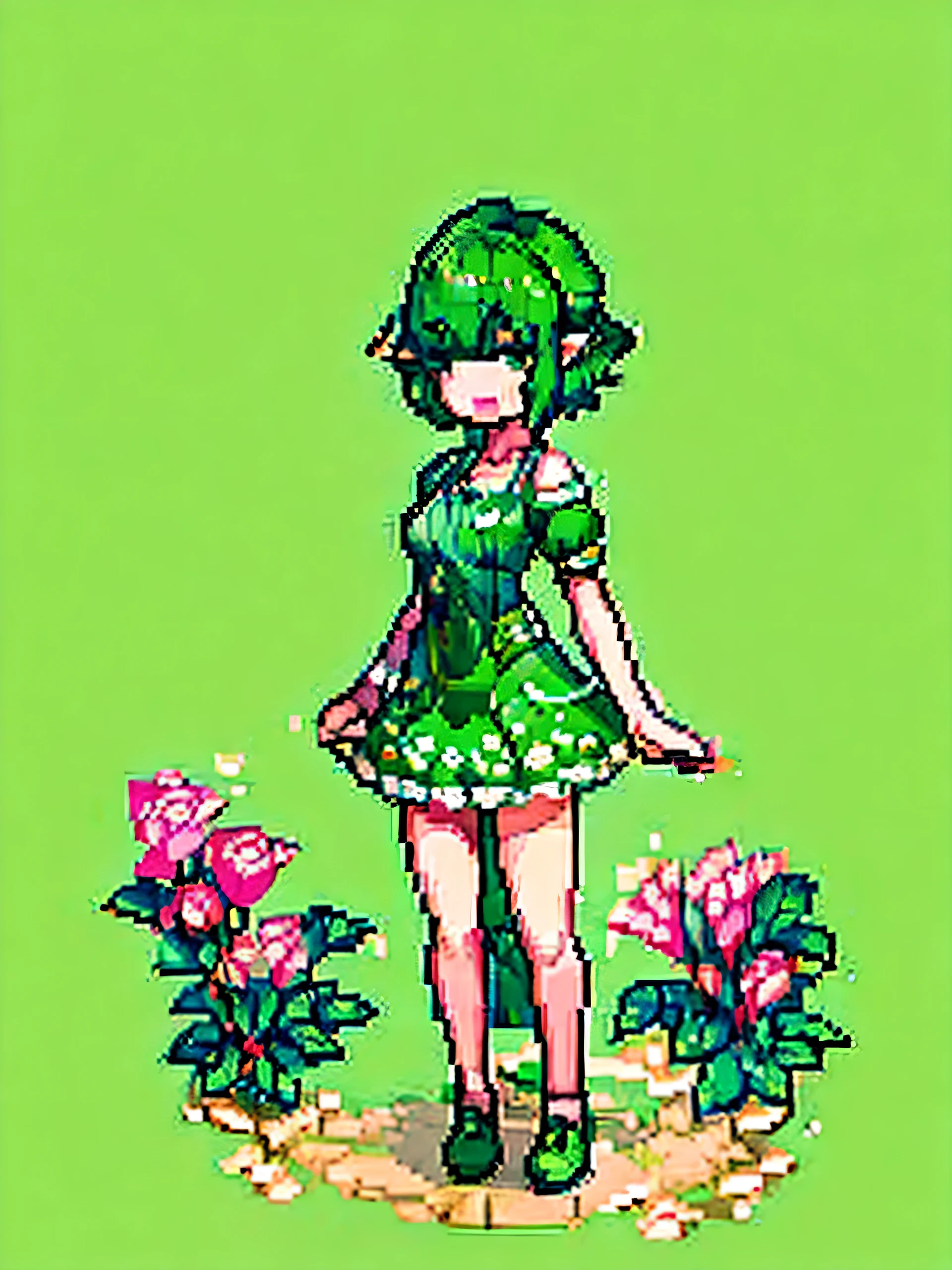 ((Quality 16K)), ((high_res)), 1 girl, solo, cute elf ears, wearing green detailed dress with flowers on the green short hair detailed, medium juicybreast, full body, thighs, slender body, green beautifully detailed eyes, open mouth, cute smile, one_eye close, blush, Simple HD background, young, focus_view, cute(Warming)