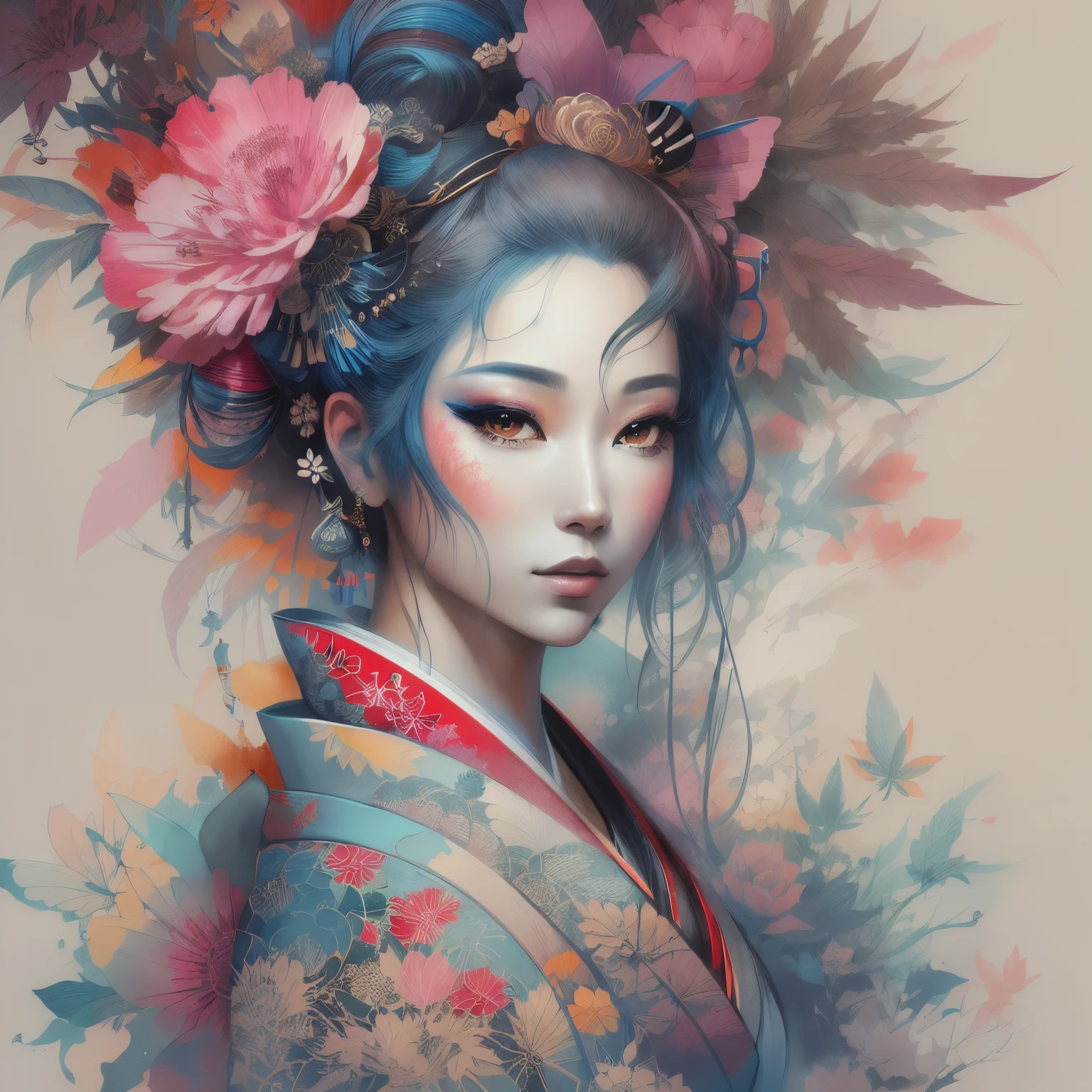 Create an exquisite depiction of a captivating cannabis geisha at the focal point. The artwork should serve as a definitive cannabis-themed visual, featuring intricate details and precise line work. Emphasize the breathtaking beauty of the geisha with vibrant colors and comprehensive cinematic elements. Draw inspiration from artists like Carne Griffiths and Conrad Roset to ensure the artwork reaches the pinnacle of beauty. Aim to craft what could be considered one of the most stunning portraits in the world, with a 1.5 multiplier on its beauty.