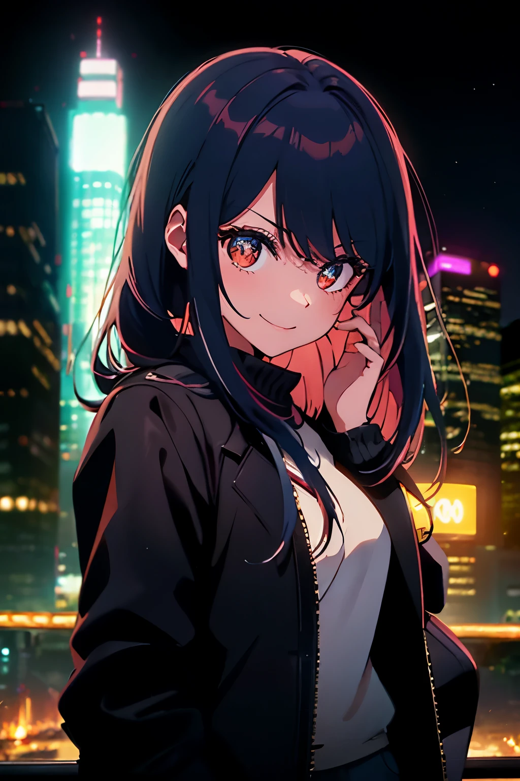 Amidst the vibrant neon lights of the bustling city at night, a lone girl stands before a towering building, her silhouette contrasting against its imposing frame. Clad in a brown jacket, she gazes up at the city lights, her brown eyes reflecting the sparkle and energy of the urban scene around her. The enlarged depiction of her upper body, bathed in the soft glow of the lights, reveals the intricate detailing of her limbs as she casually rests her hands in her pockets. With a smile that lights up her face, she signals to the passing crowd, her smile wide and genuine, adding to the enchanting atmosphere of the cityscape.