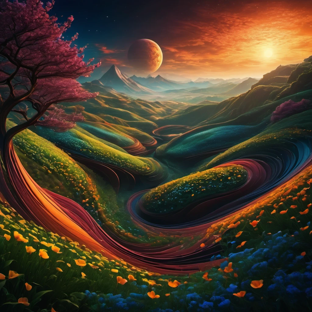 (best quality, highres, ultra sharp), magical Spring Morning, about the curvature of space time, art decostyle , natural colors, 3d crunch, dark tones,