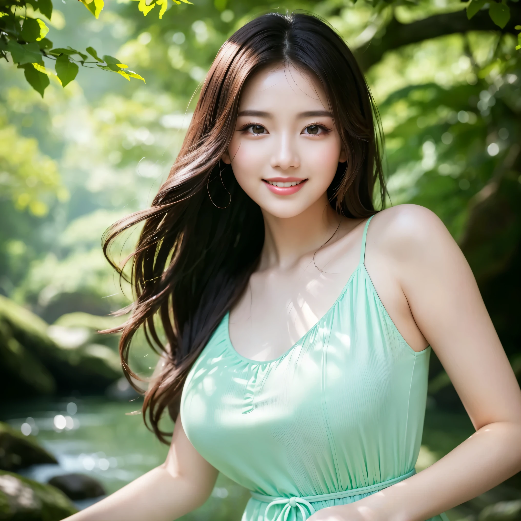 (highest quality、table top、8K、best image quality、Award-winning work)、ung girl、(cute shirt dress:1.1)、(Soft feminine hairstyle:1.1)、accurate anatomy、emphasize body line、(Beautiful river in a mysterious forest:1.1)、girl in the river in the forest、Craggy rock walls、beautiful big waterfall、The most realistic and impressive waterfall、Majestic nature、beautiful clear river、fog、beautiful sunlight filtering through the foliage、sparkling leaves、summer scenery、(blurred background:1.1)、(very bright and vivid:1.1)、(Very bright and shiny beautiful skin:1.2)、glamorous body、very big breasts、emphasize body line、(the best smile looking at me:1.1)、epic movie lighting、natural makeup、Achieve a perfect face with ultra-high resolution、Super high resolution perfect teeth、ultra high definition hair、Super high-definition sparkling eyes、(Super high resolution glowing skin:1.1)、Super high resolution glossy lips、(accurate anatomy:1.1)、(Beautiful skin that shines brightly:1.1)
