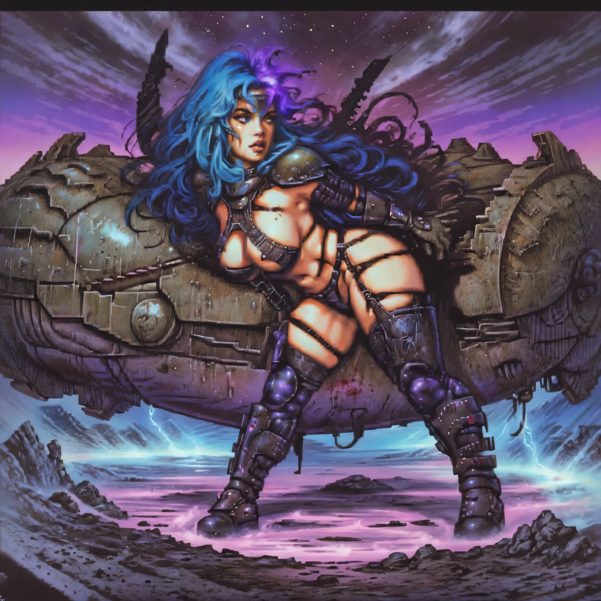 1 barbarian female, heavy metal magazine, blue head girl, sexy lips, space-warrior girl, cyborg girl, beautiful bbw girl, chubby girl, woman-warrior, whole body, nude body, Perfect skin, space background, blood rain, dark fantasy, Linsner style, Science fiction, 80s, 16-bit game, VHS era, planet in space background, purple lightning, psychedelic color background, smog, fog, swamp, girl in swamp, mad max style, vhs tape cover